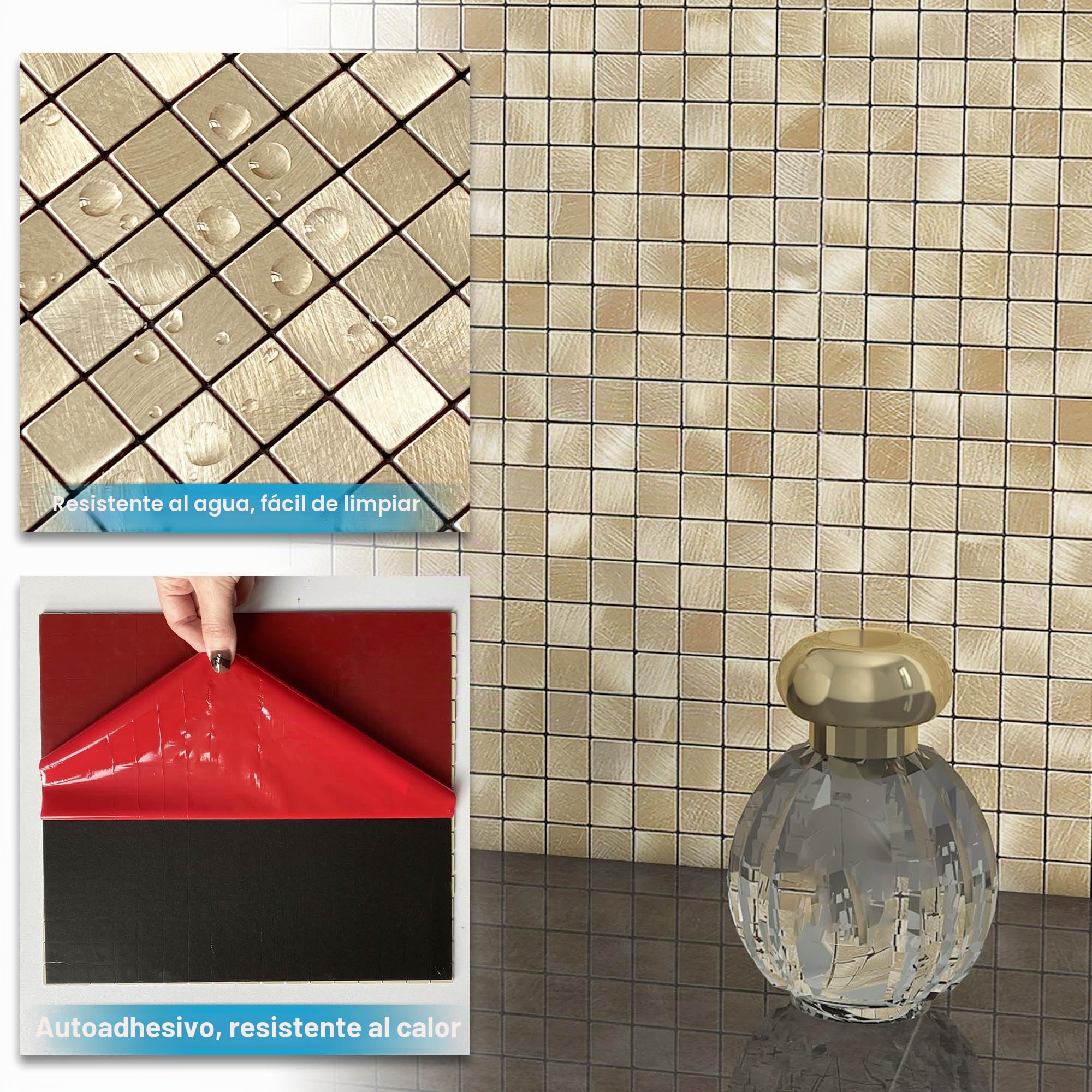 BeNice Pegatinas Azulejos Cocina Autoadhesivas Mosaico Dorado 10pzs
