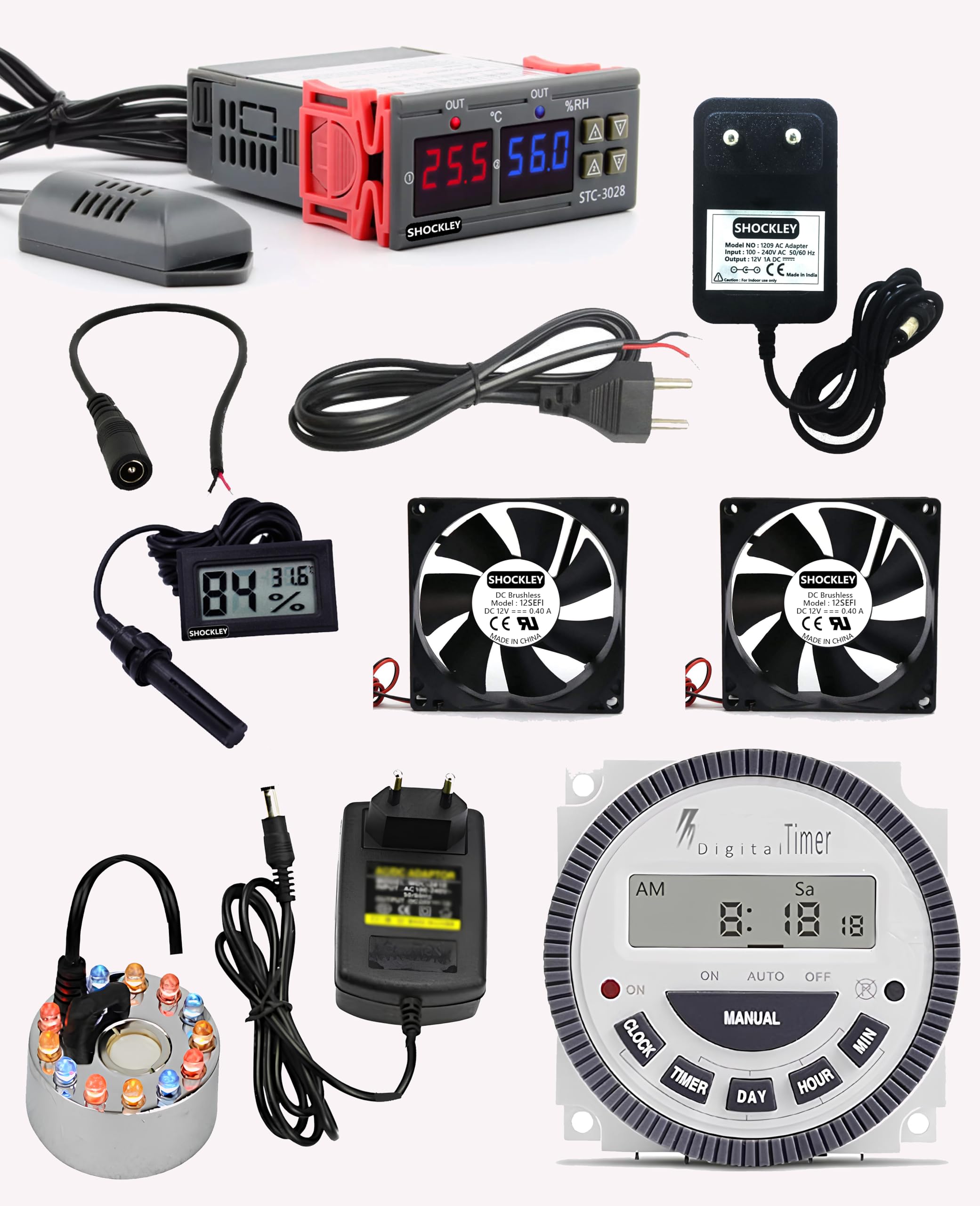 Shockley STC-3028 Thermometer Hygrometer controller SHT20 Temperature Humidity Sensor Thermostat Combo (STC-3028 + 1 AMP ADAPTER + Mains Cord + 2 Fan + Hygrometer+ DC JACK + FOG MAKER + Timer)-image-36