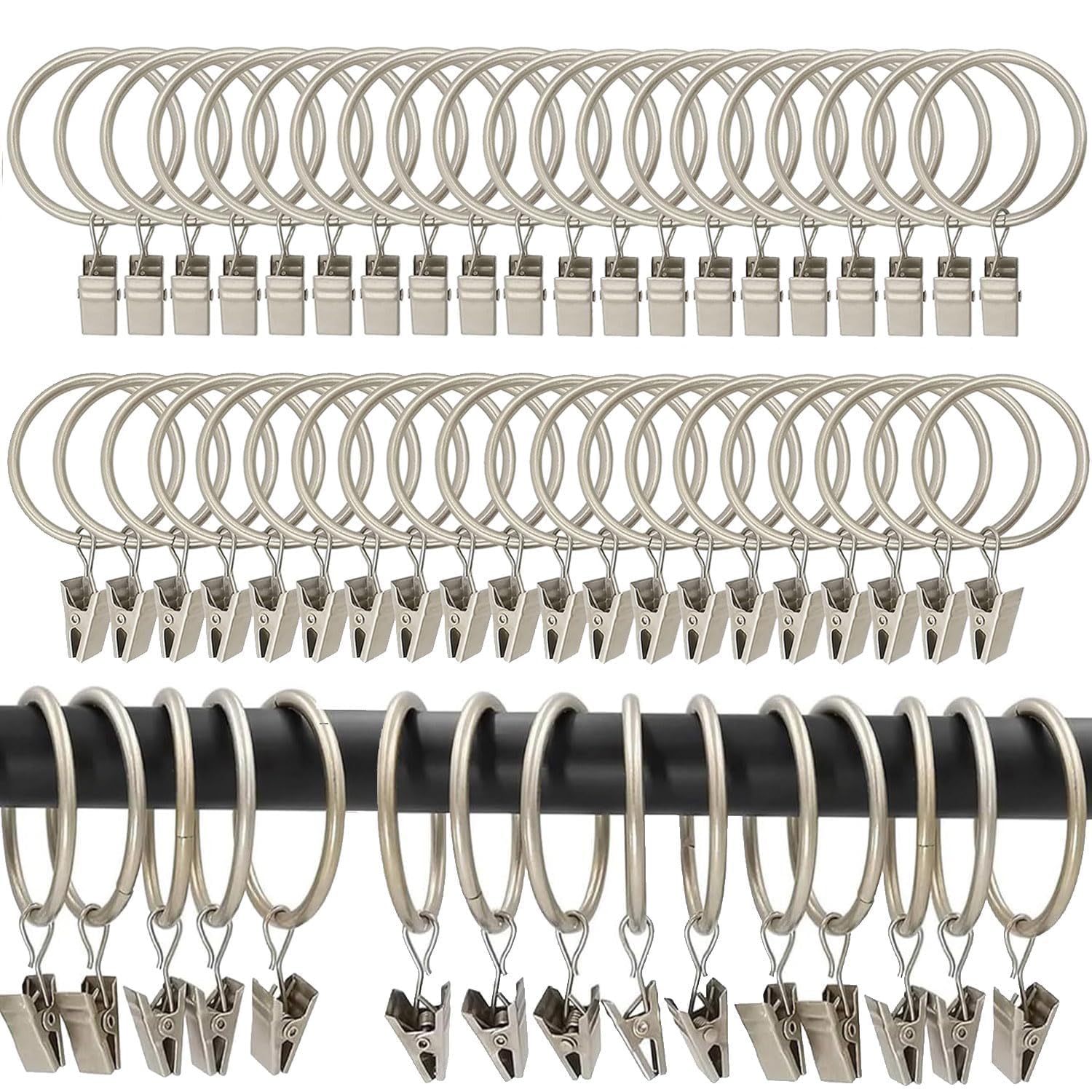 Sadwqgewnbf Silver 40Pcs Curtain Rod Ring Clips,Rustproof Metal Drapery Ring With Hook/Hanger Clips With Eyelets For Holding Heavy Curtains Rod Set And Drapes (1.5 Inch)