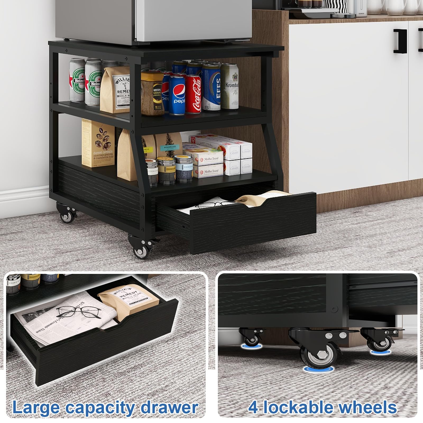 Mini soporte para refrigerador de 23.6 x 21.7 pulgadas con almacenamiento de gran capacidad, carrito de refrigerador resistente con cajones, mesa móvil para refrigerador de bebidas con ruedas, 5