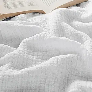 Bedsure 100% Cotton Muslin Blanket Queen Size for Bed - 4-Layer Breathable and Lightweight Thin Soft Summer Gauze Muslin Blankets for Adults, White, 90x90 Inches