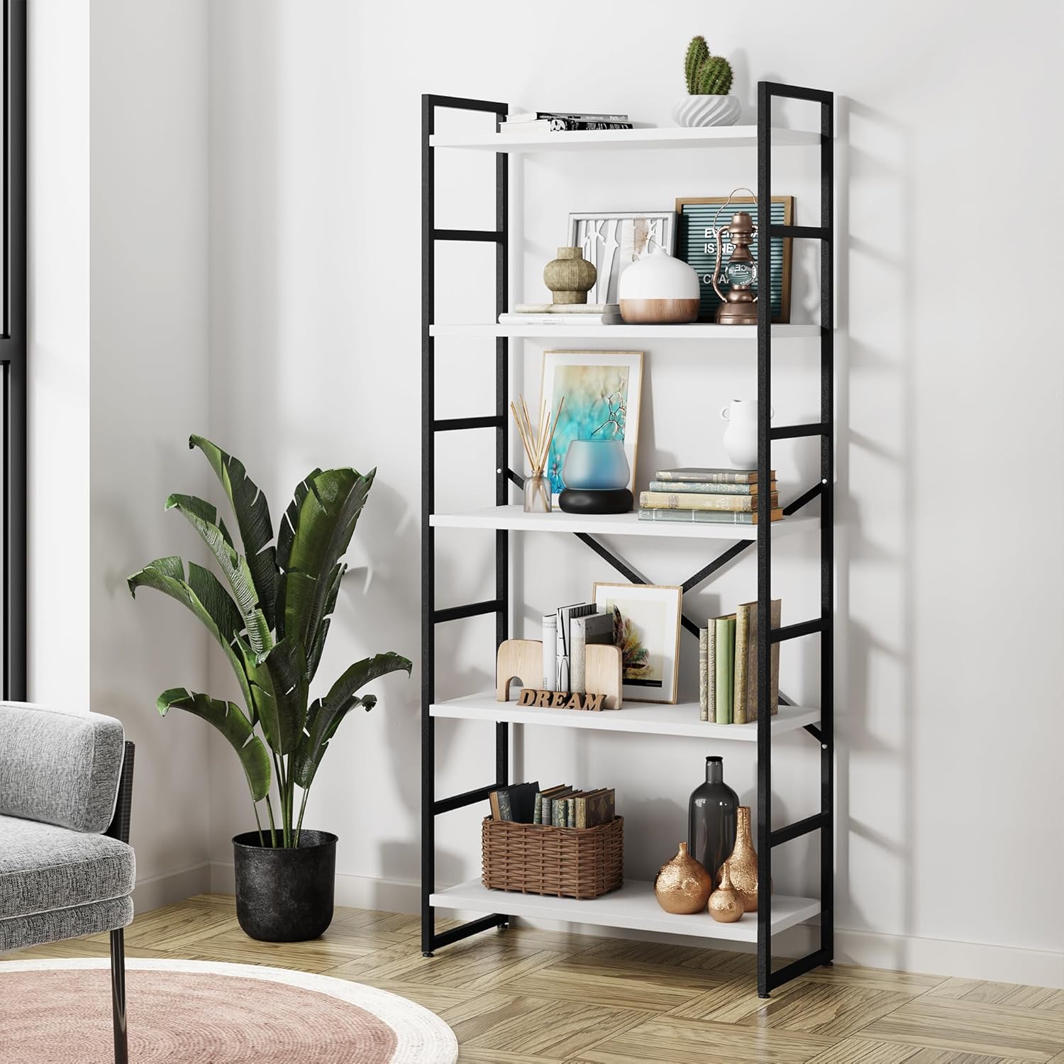 Amazon.com: Shintenchi 5 Tiers Bookshelf, Classically Tall Bookcase ...