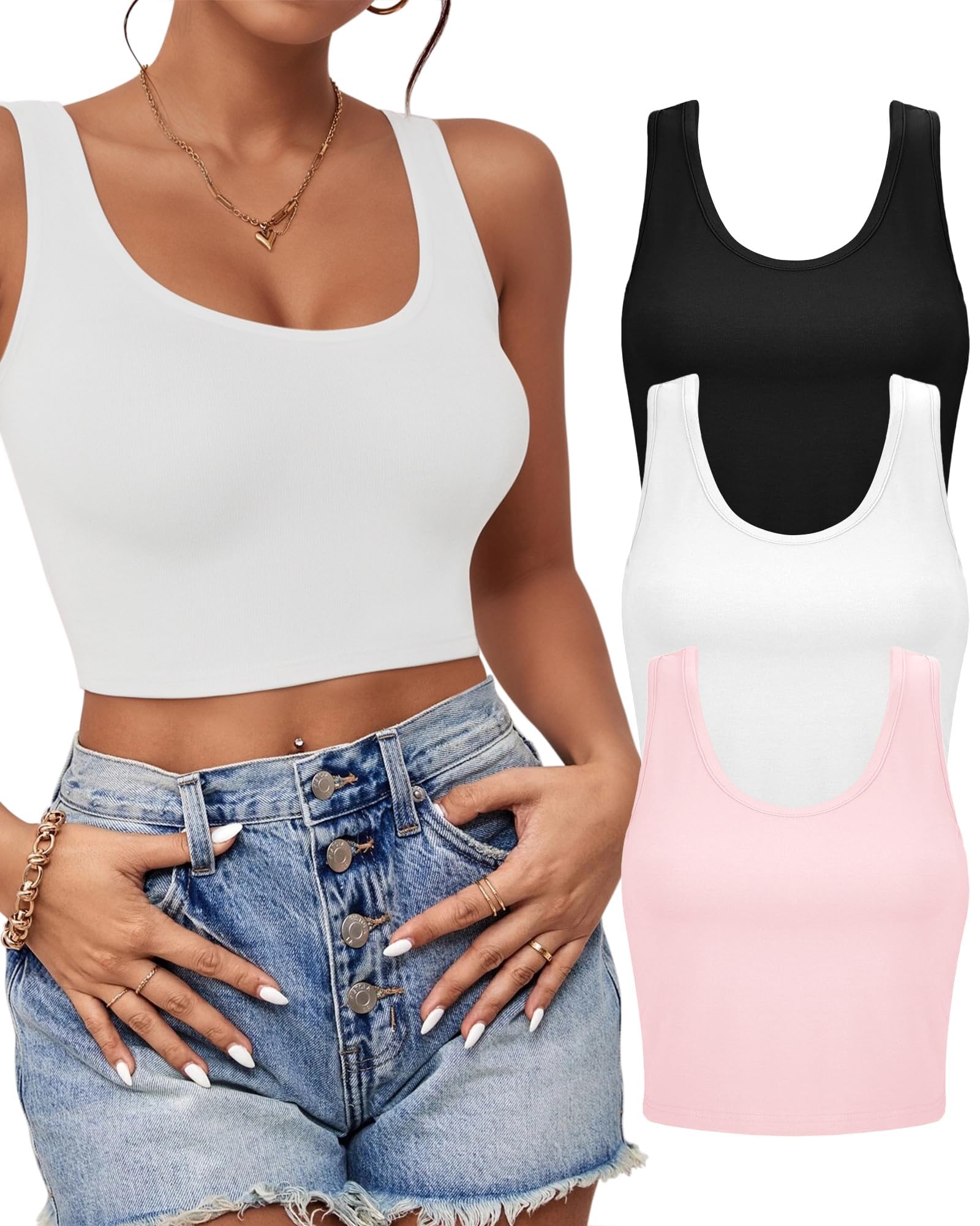 2-3 canottiere da donna, crop top senza maniche con scollo a U, crop top basic corto racerback per uscire magliette sportive atletiche, nero/bianco/rosa., M