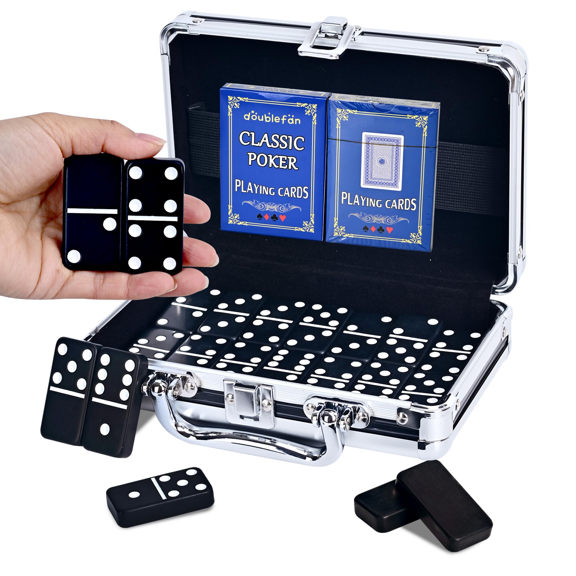 Dominos Set for Adults - Jumbo Size Black Dominoes for Classic Board Games Double Six Jumbo Size Dominos Set 28 Tiles with Black Aluminum - Juegos de Mesa, Festival Gift (2-4 Players)