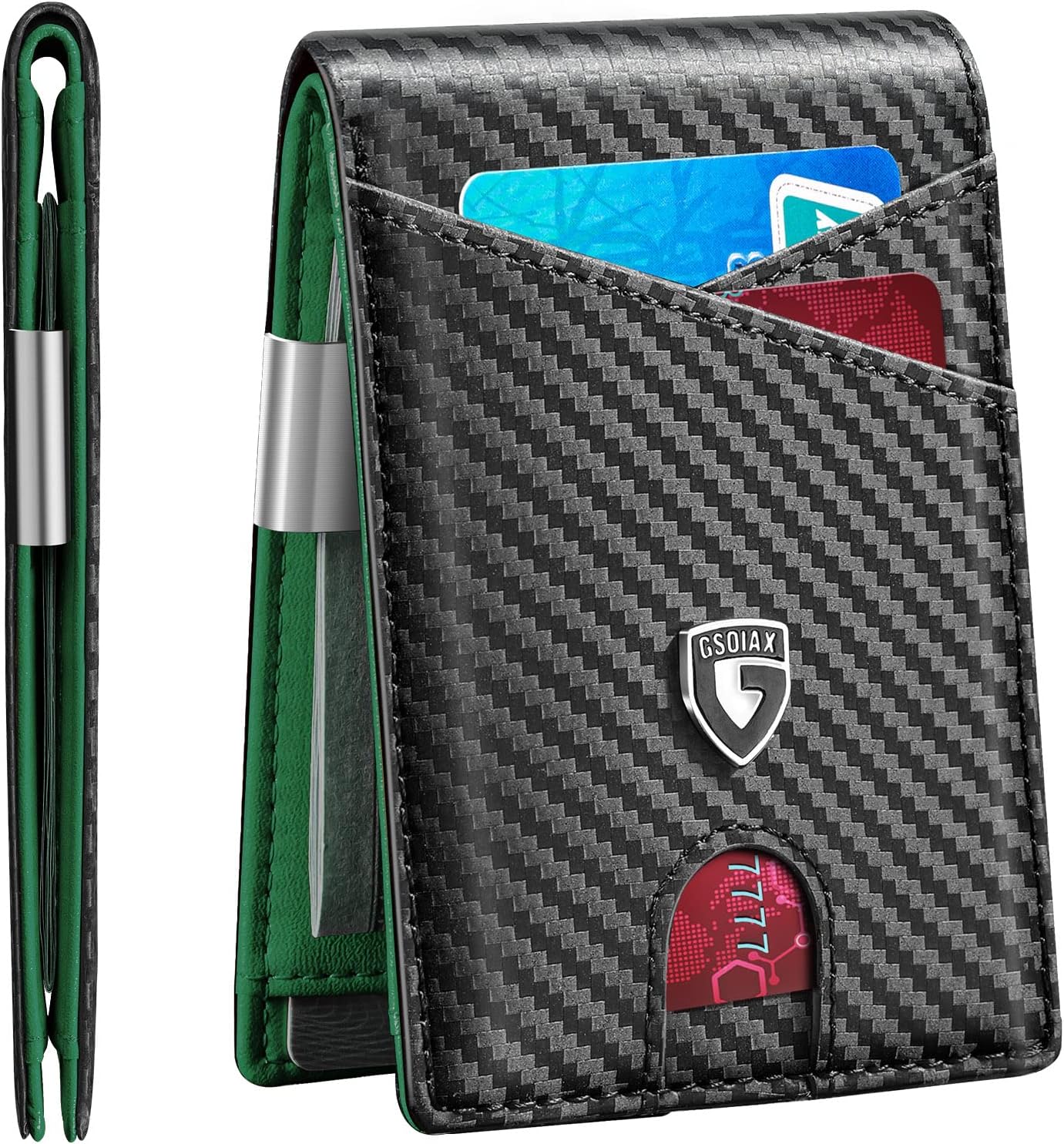 GSOIAX Slim Leather RFID Bifold Wallet for Men with Money Clip and 12 Credit Card Holders, Carbon Green