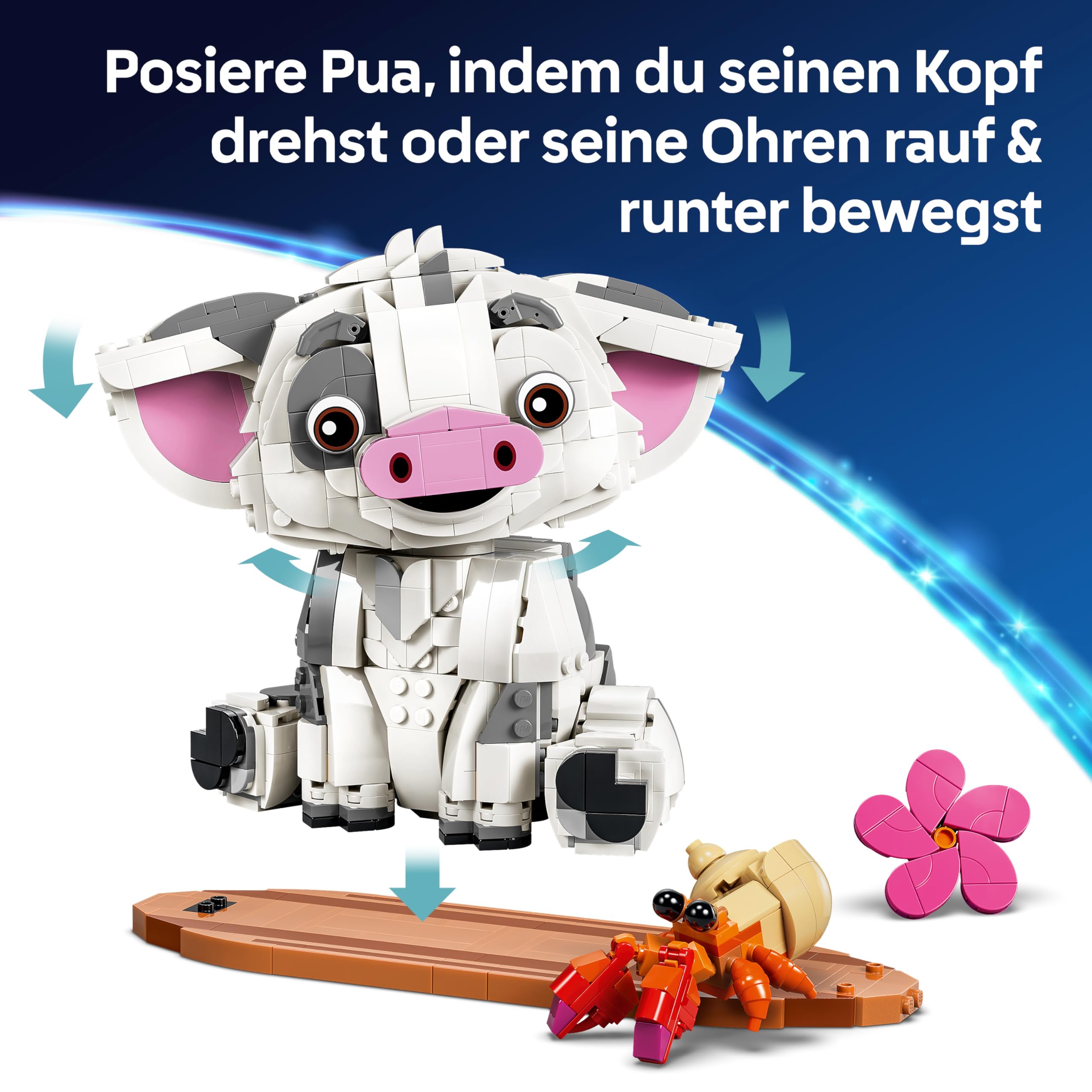 LEGO | Disney Vaiana Pua - Spielzeug Schwein mit Blume, Krabbe und Floßständer als Zimmerdeko - Geburtstagsgeschenk für Mädchen ab 9 Jahren und Filmfans - 43292