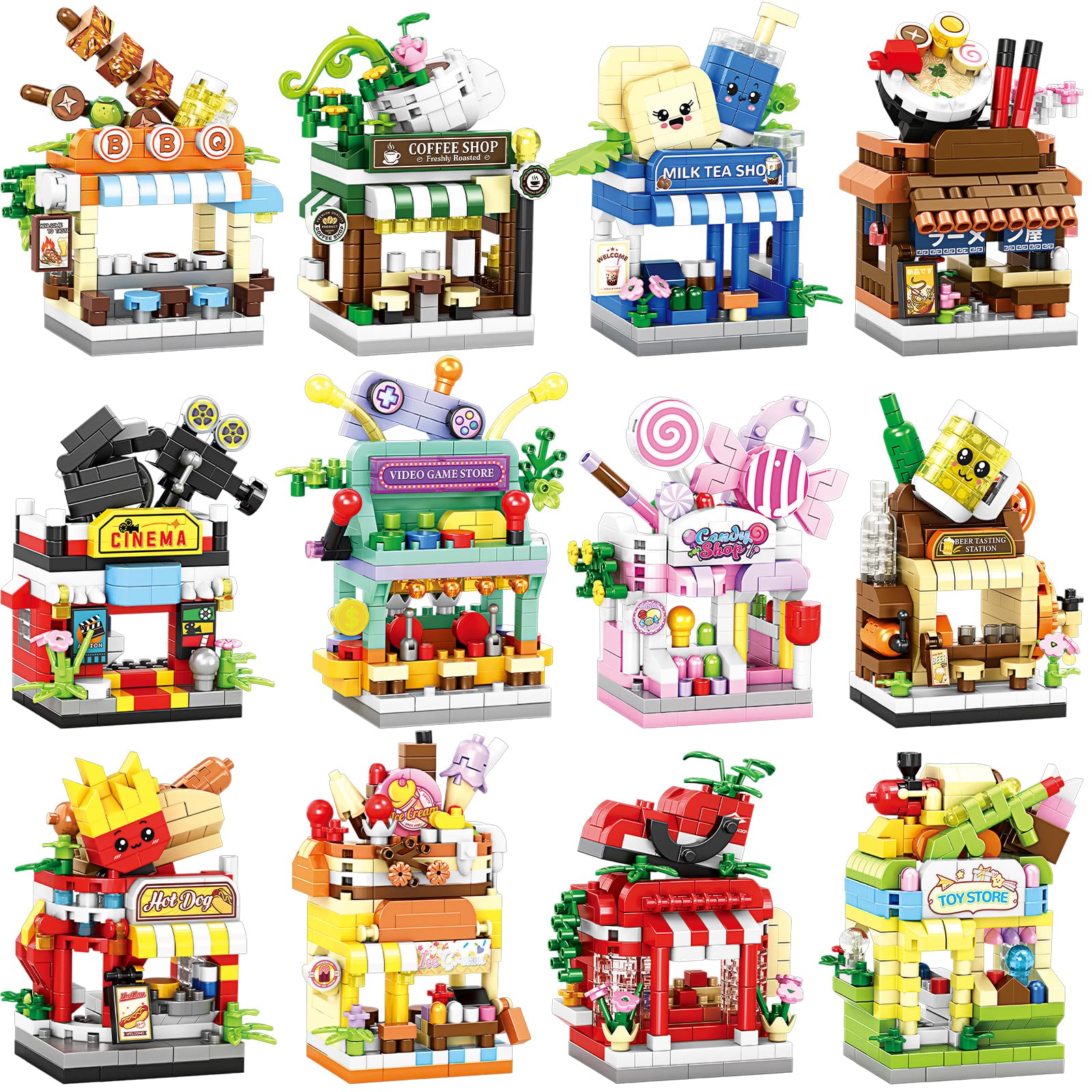 FNSJFYZS 12 PCS Mini Street View Building Bricks Set, Modular City Shop Model, DIY Tiny Town Collection, Aesthetic Tabletop Decor, Holiday & Birthday Gifts for Adults
