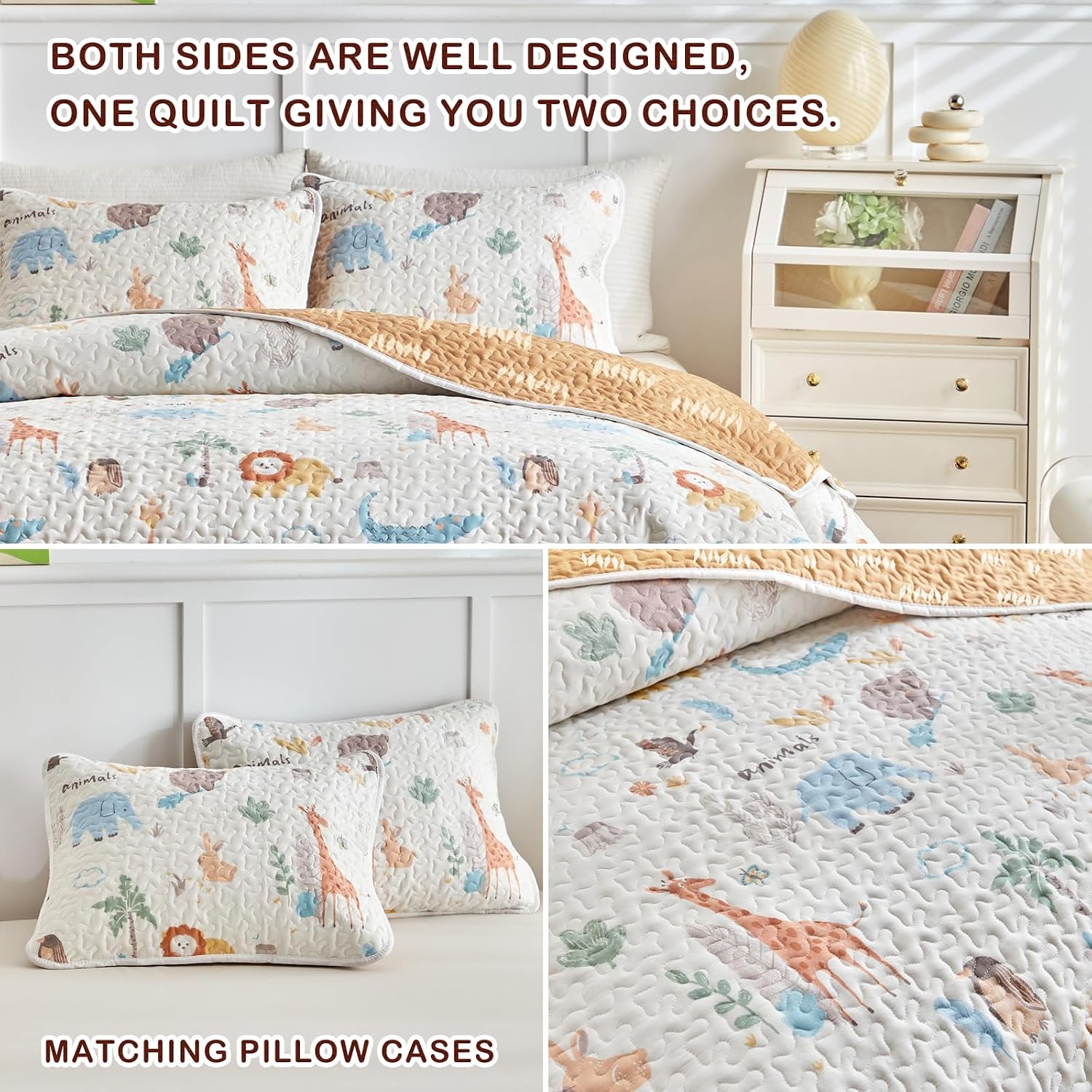 Joyreap 3 Pieces Full/Queen Size Cotton Quilt Set, Zoo Theme Animals White n Orange Design, Cozy Lightweight Bedding Set Quilt Bedspread Bed Cover for for Kids Boys n Girls- 90x90 inches