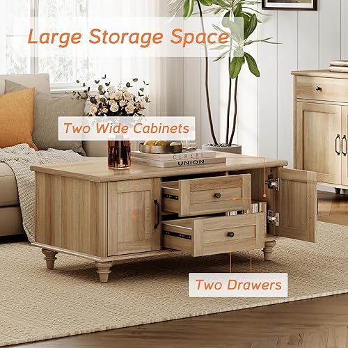 Miniatura 6 de WAMPAT - Mesa de café de granja con gabinete de almacenamiento, mesas de café de madera para la sala de estar, mesa de té rústica rectangular de