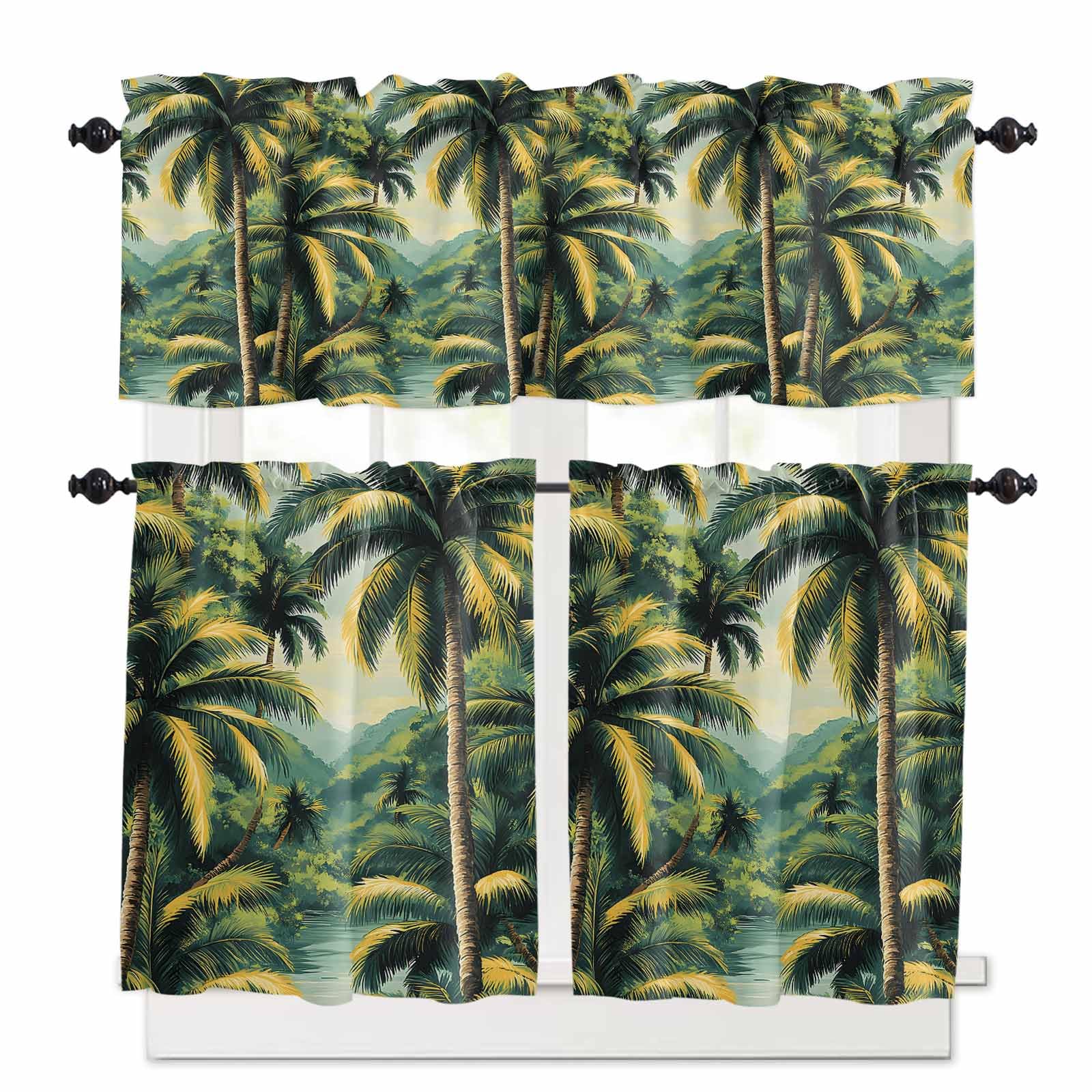 Summer Palm Tree Kitchen Curtains 36 Inch Length,3 Piece Rod Pocket Small Half Tiers and Valance Set,Tropical Plant Leaves Nature Landscape Small Large Window Treatment Decor for Bedroom/Bathroom