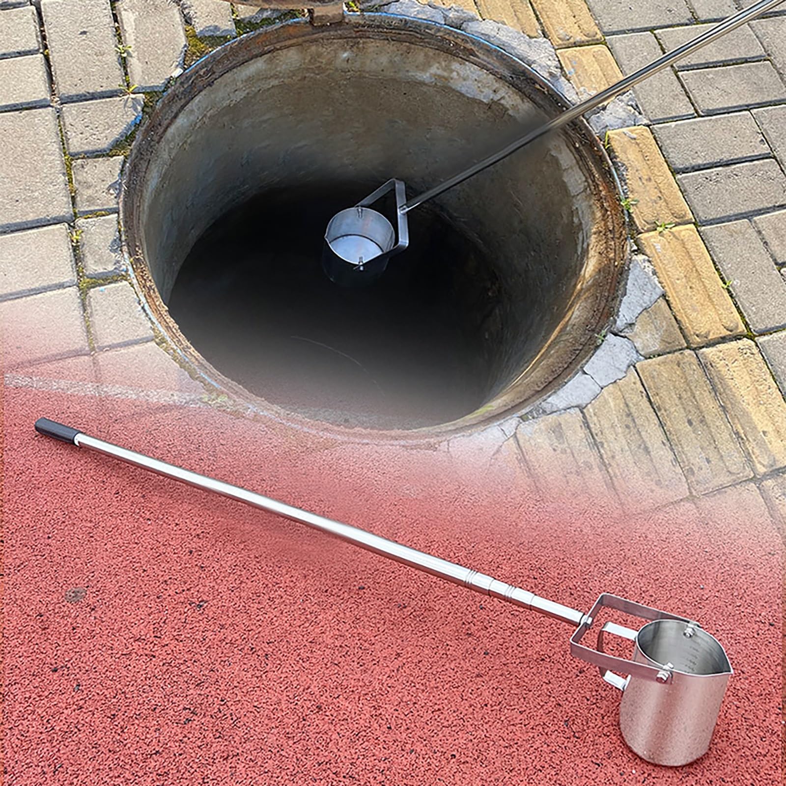 SRNSAEB Manhole Liquid Sampling Dipper 4 6 8 10 13 16 19 23 FT, Stainless Steel Sampler Dipper/Sample Cup, Sewage River Lake Sampling Bucket with Internal & External Scale(500ml,1.11m/3.6ft-3m/9.8ft)