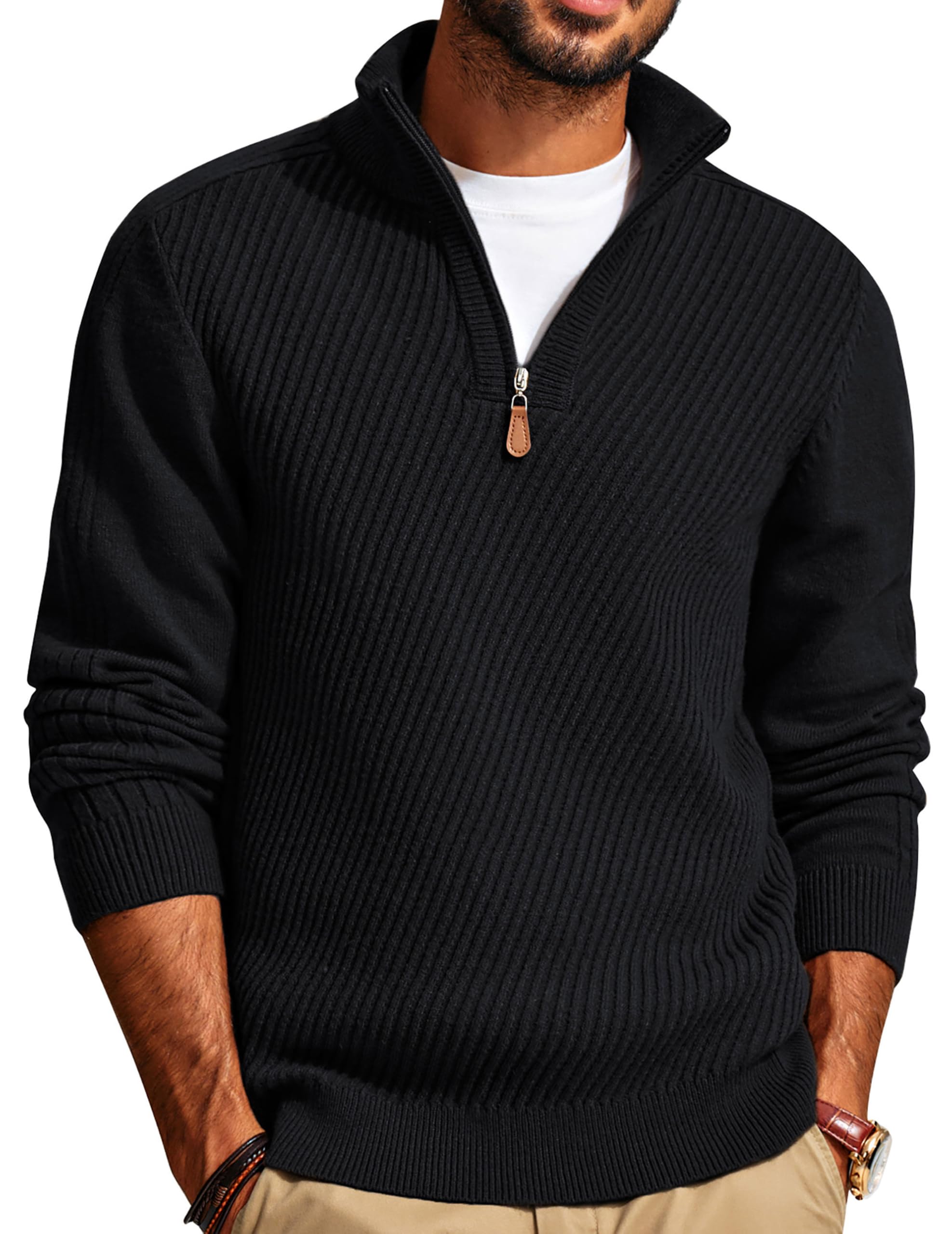 PJ PAUL JONES Jersey de cuello alto para hombre con cremallera 1/4, jersey de manga larga con cuello de tortuga, suéter de invierno, Negro , L