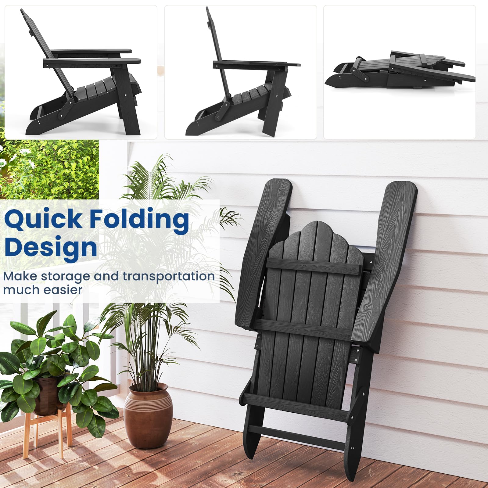 KOMFOTTEU Adirondack - Sedia pieghevole, sedia da giardino con schienale inclinato e braccioli larghi, poltrona ergonomica con carico di 180 kg, seduta esterna per balcone, terrazza (nero)