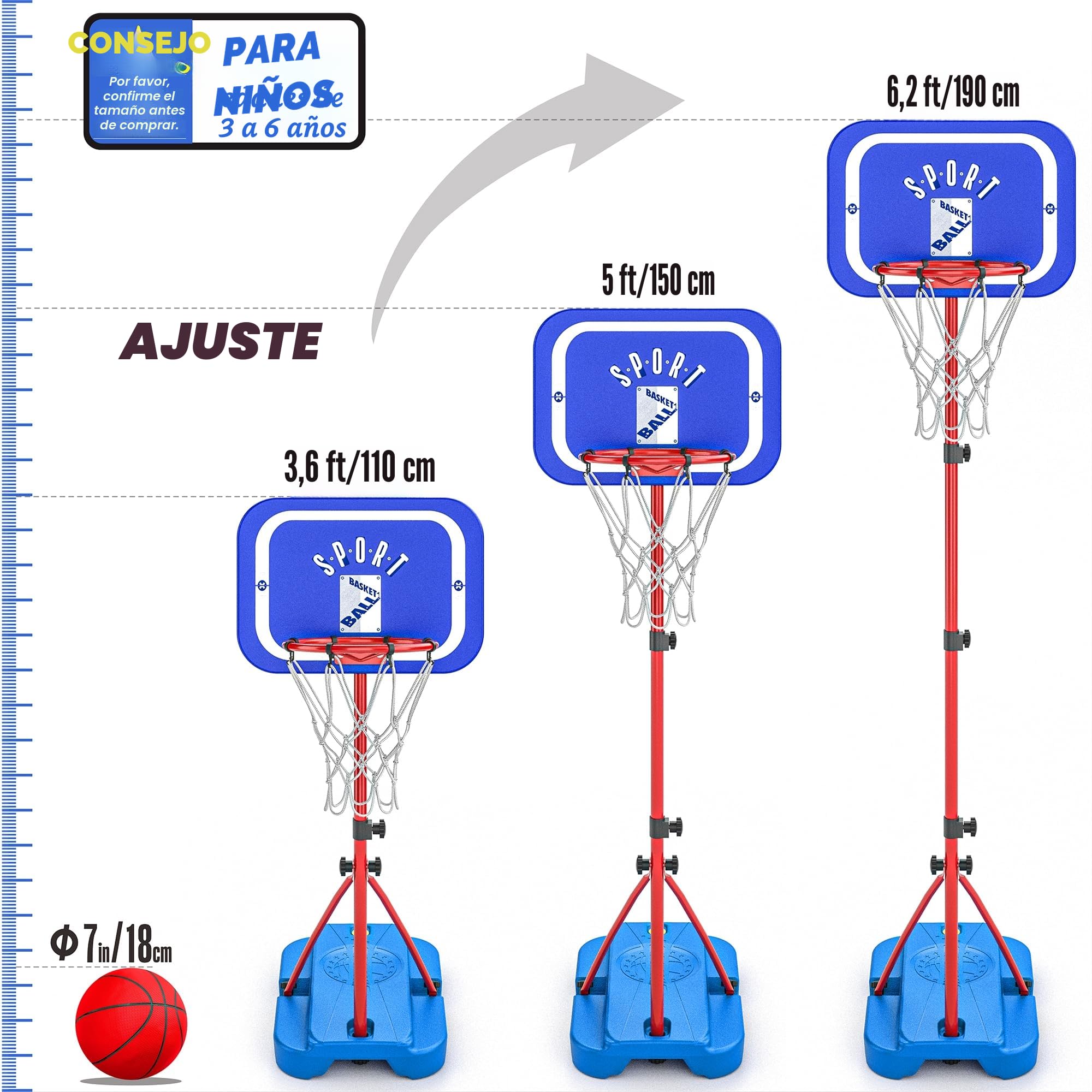 Canasta de Baloncesto Infantil, Altura Ajustable 110-190 cm, Interior y Exterior