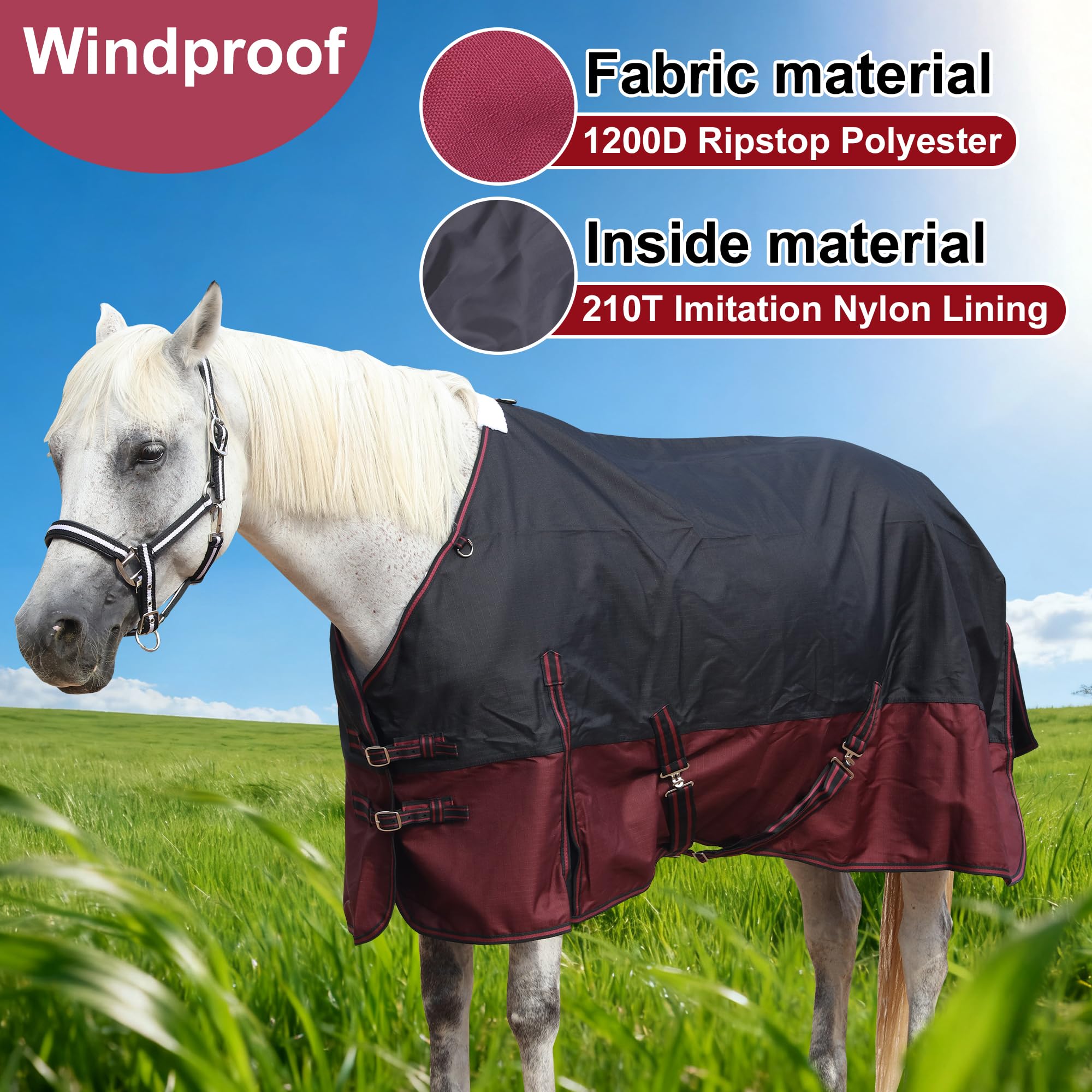 Leberna Alfombra impermeable 1200D para caballos, ligera, antidesgarros, transpirable, con cuello estándar, sin relleno (negro y rojo, 6 pies 6 pulgadas)