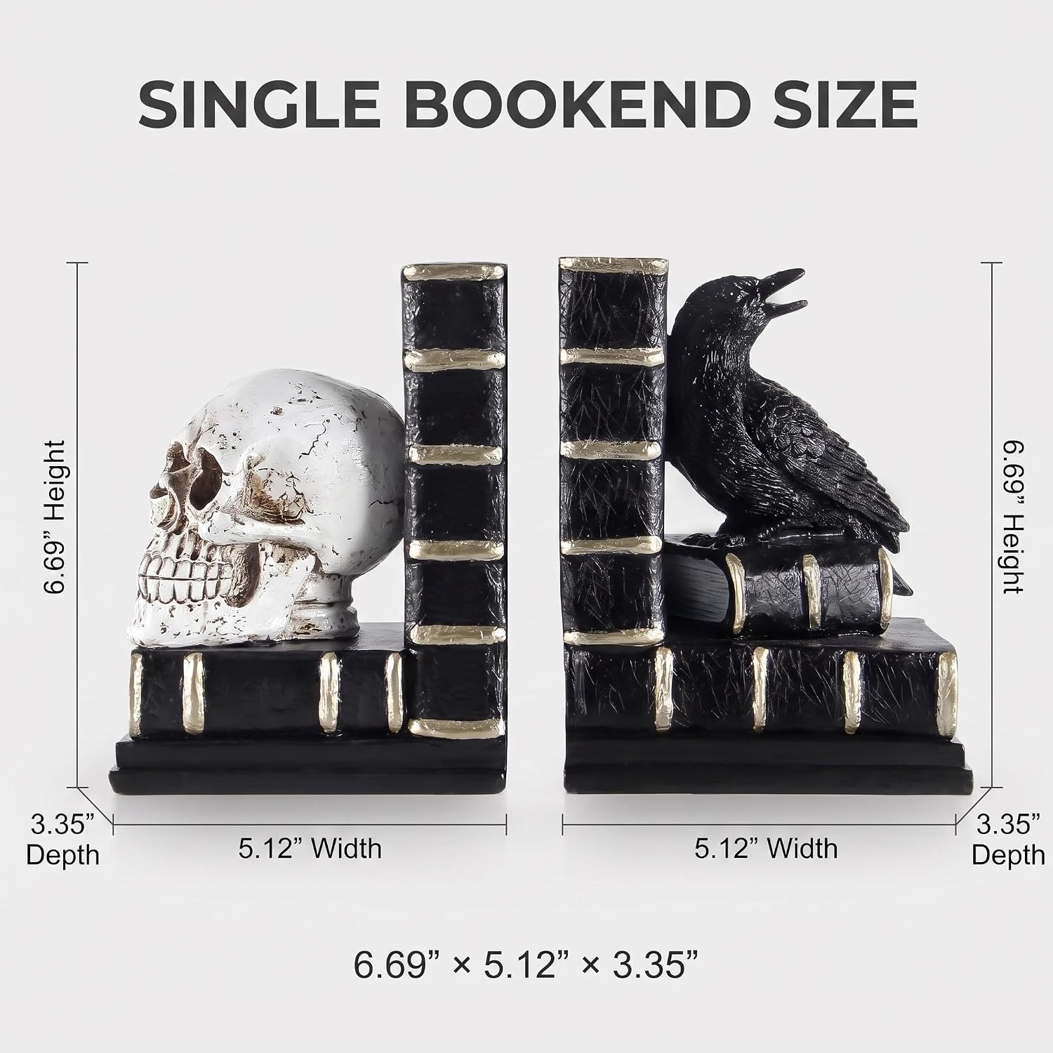 Gothic Skull and Raven Bookends Pair (Black)