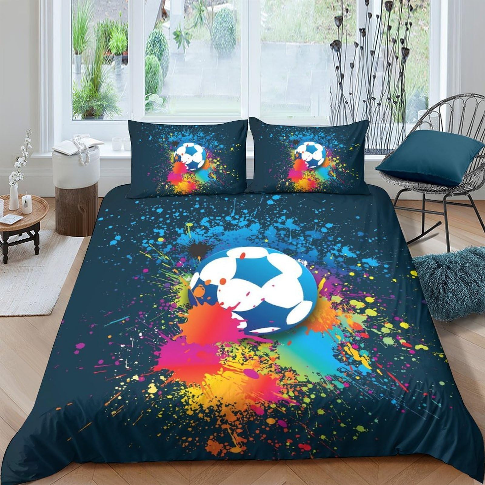 Ctjqhvkz Style-9 3D Printed Colorful Soccer Fitted Sheet Microfiber Splatter Paint Bed Cover Non-Slip Machine Washable Bedding For Bedroom Dorm Guest Room Single（135X200cm）
