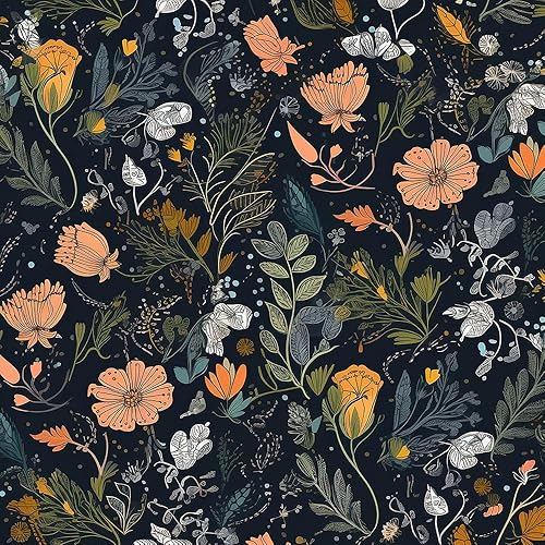 Papel tapiz autoadhesivo de flores silvestres naranjas y blancas de 18 x 236 pulgadas en negro oscuro, papel de contacto extraíble para despegar y