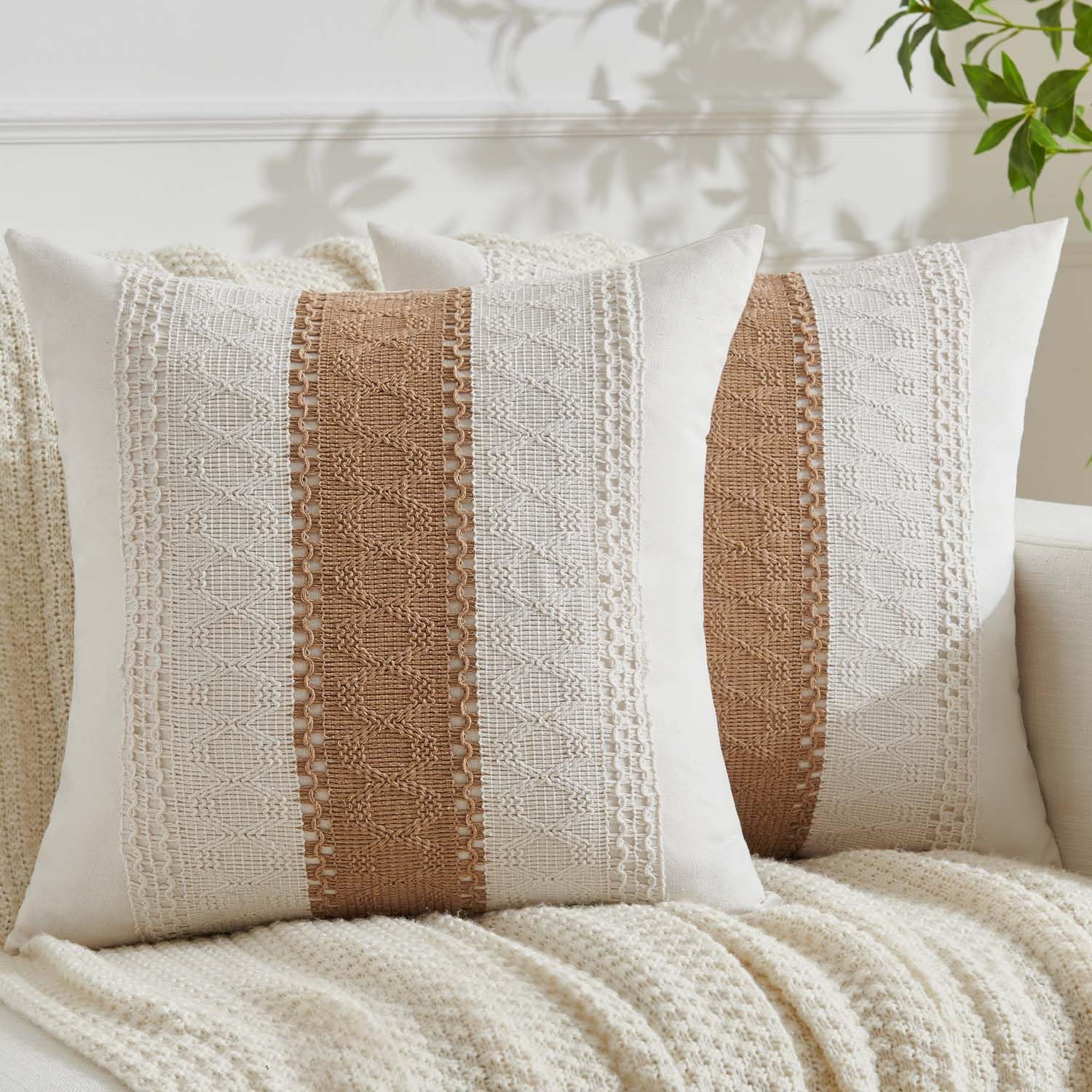 Federe Per Cuscini IcosaMro Set Da 4 - 45x45 Cm In Cotone E Lino Stile Boho - Motivi Geometrici Sole E Luna - Decorazioni Divano E Camera