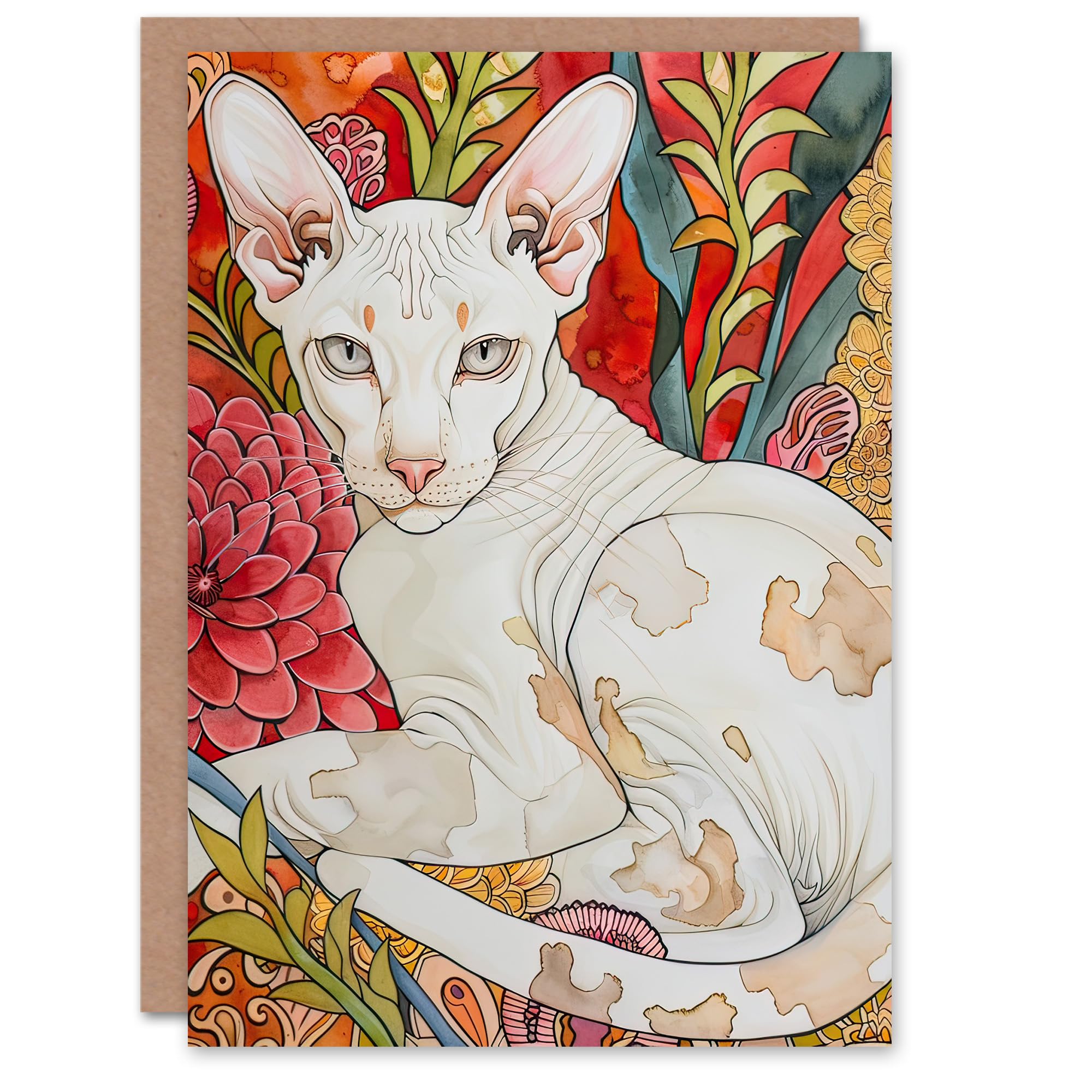 Artery8 Greeting Card Oriental Shorthair Cat in Abstract Flower Garden