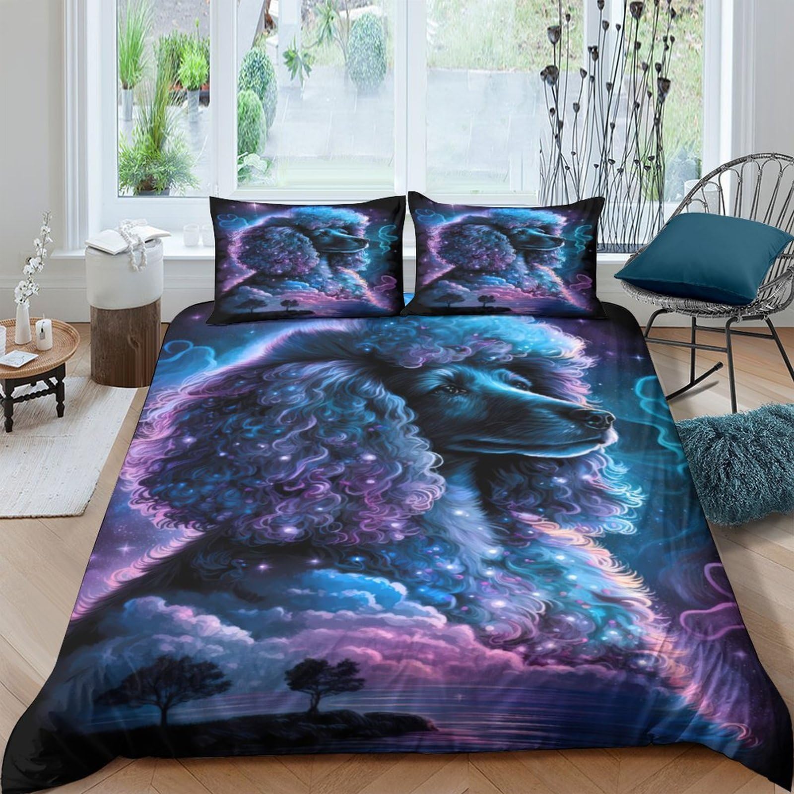Cosmic Poodle Set Di Copripiumino morbida microfibra 3 Pezzi stampa 3D con federa Fantasia Set Di Copripiumino cerniera ariosa morbido for ragazze King（220x240cm）