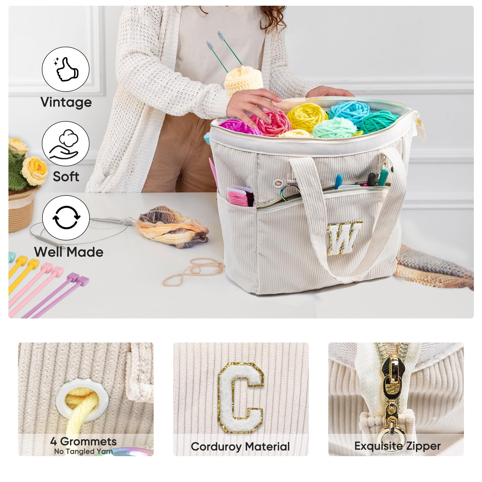 Initial Personalisierte Häkeltasche – Cordgarntasche Aufbewahrung – Garnhalter zum Häkeln – Häkel-Organizer für Häkelnadeln, Häkelzubehör, Projekttasche, Stricktasche, Häkelliebhaber, Geschenk