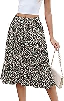 NILOUFO Women's High Waisted Flowy Midi A-Line Skirt with Pockets - Elastic Tie Knot Casual Summer Skirt