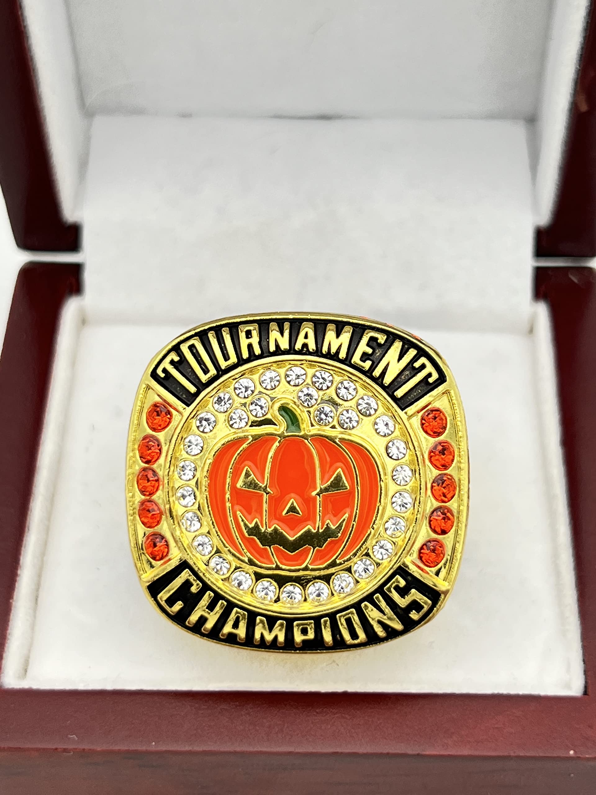 Discount Sports Rings, HALLOWEEN GOLD PUMPKIN CHAMPION — GOLD BODY, ORANGE STONES, Premium Player/Tournament Rings 12-52