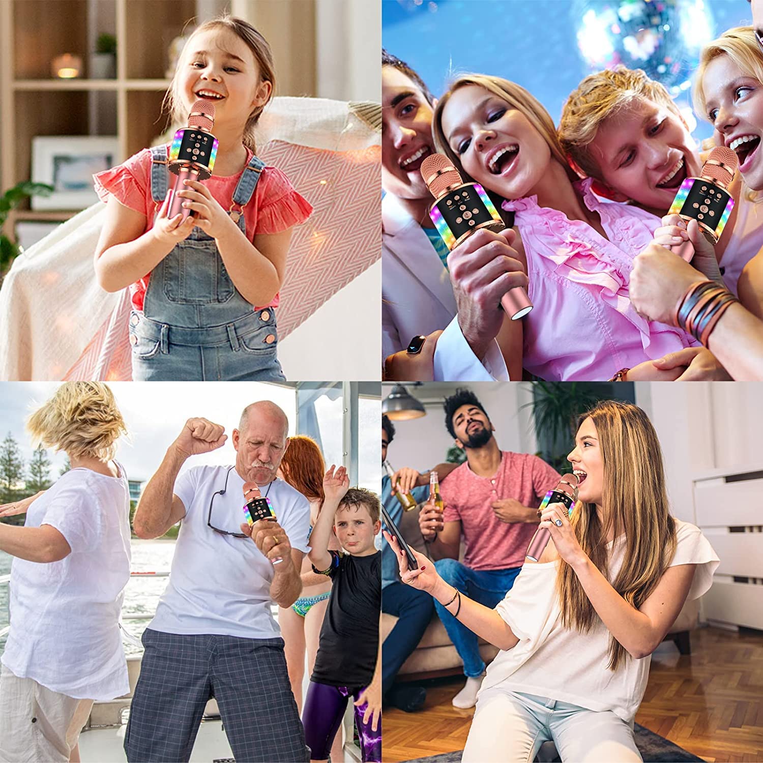 BONAOK Microfono Bluetooth per Karaoke Senza Fili con Luci LED Controllabili, Altoparlante Portatile per Karaoke di Compleanno, per Feste di Compleanno, per Android/PC (oro rosa)