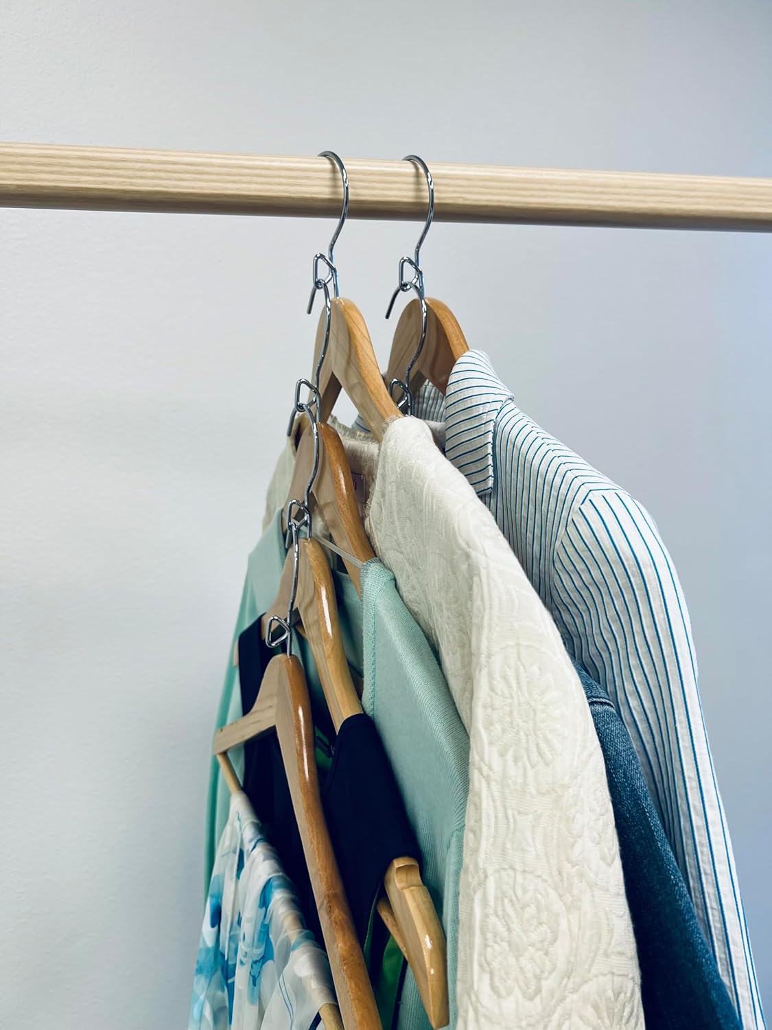 Proman Products Luxury Triad Kascade Wooden Hangers 50 Pack, Unique Triangle Ring Design, Space Saving Pants Clothes Hanger with Pants Bar and Shoulder Notches, Natural