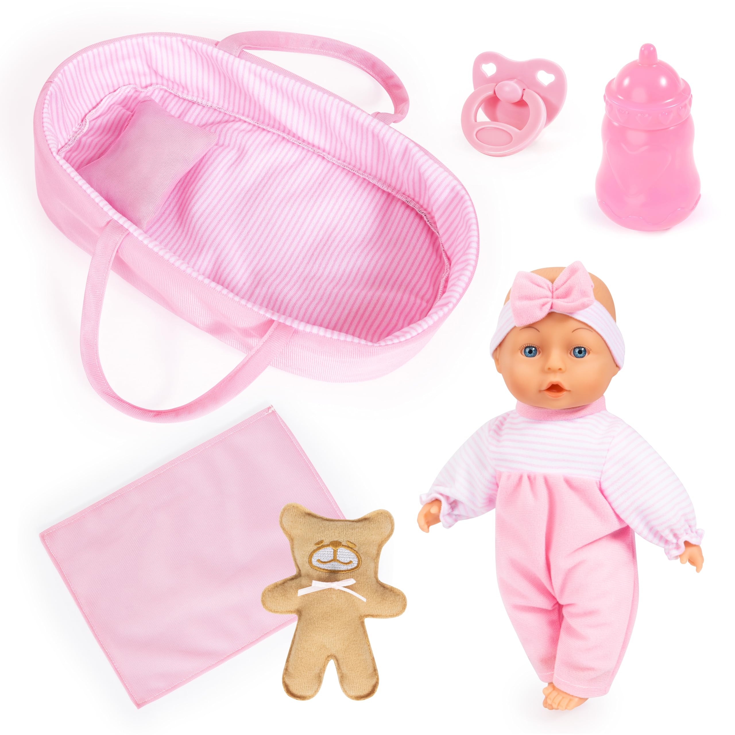 Bayer Design Bambola con culla portatile, coperta e cuscino | Bambola con ciuccio, biberon, orsacchiotto, corpo morbido, 28 cm