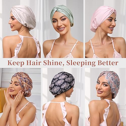 Miniatura 66 de Gorro de satén de seda ajustable para envolver el cabello para dormir, gorro de dormir de doble capa, turbante nocturno para cabello largo y rizado