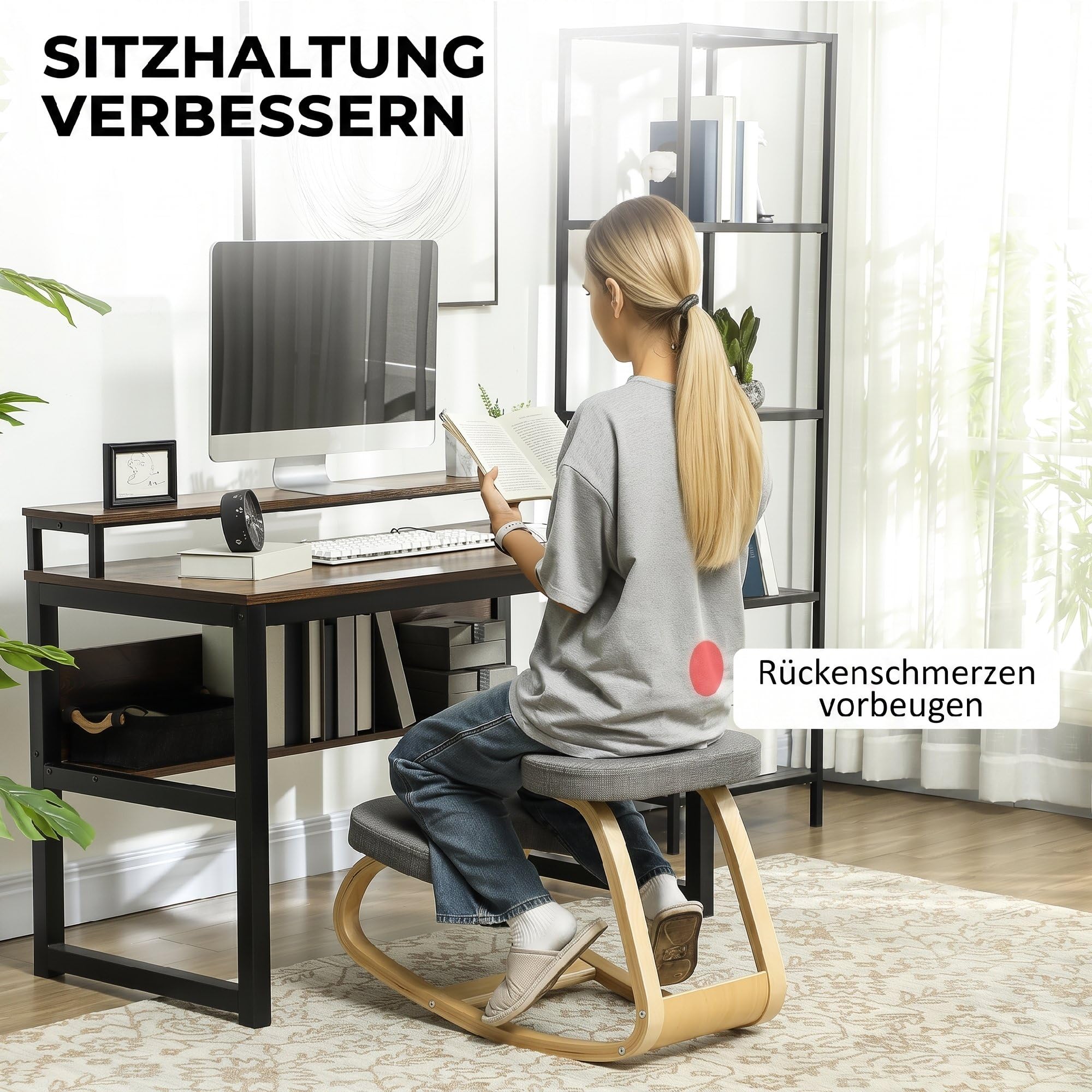HOMCOM Kniestuhl Ergonomischer Kniehocker Basis aus Birkenholz Grau