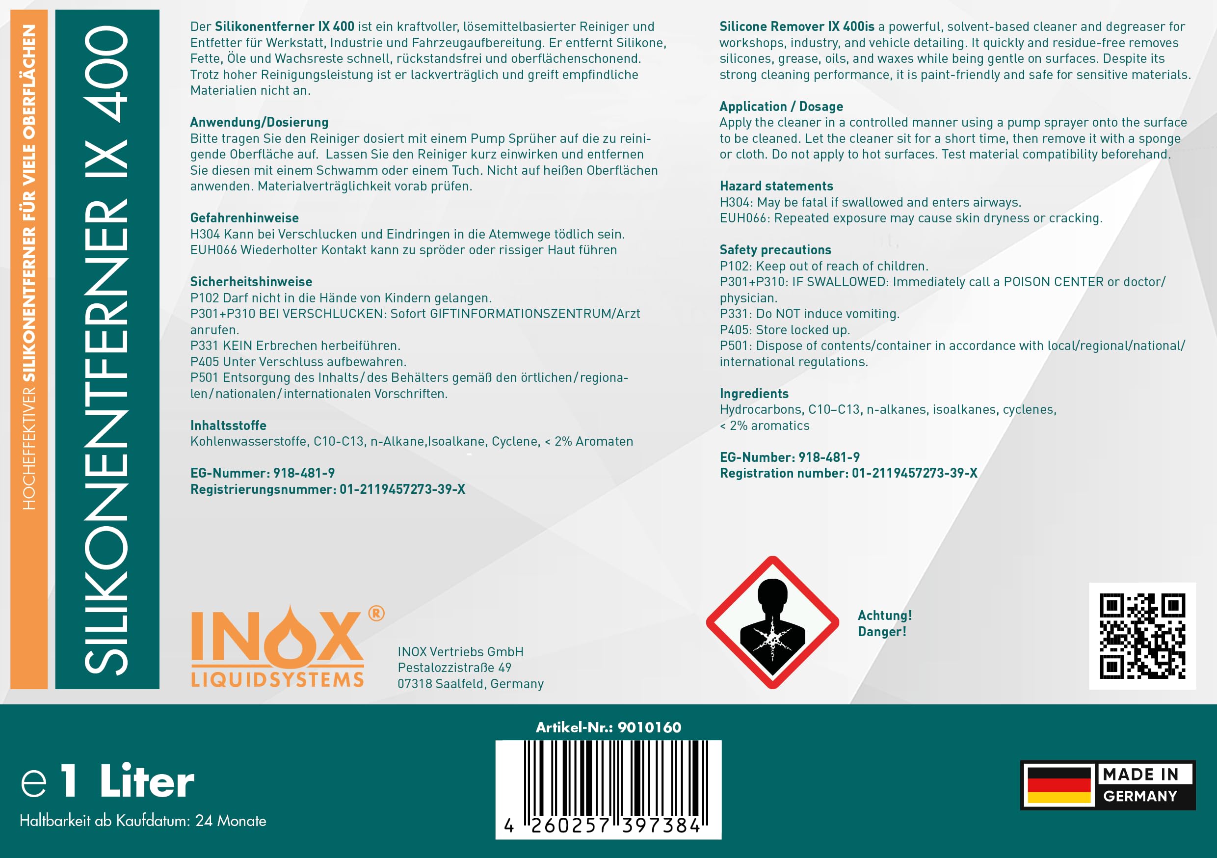INOX® - Silikonentferner 4x1L IX400 | Der Silikonreiniger entfernt mühelos Fette, Öle & Silikon | Intensive Reinigung | Wachsentferner für Autolack | Besonders schonend