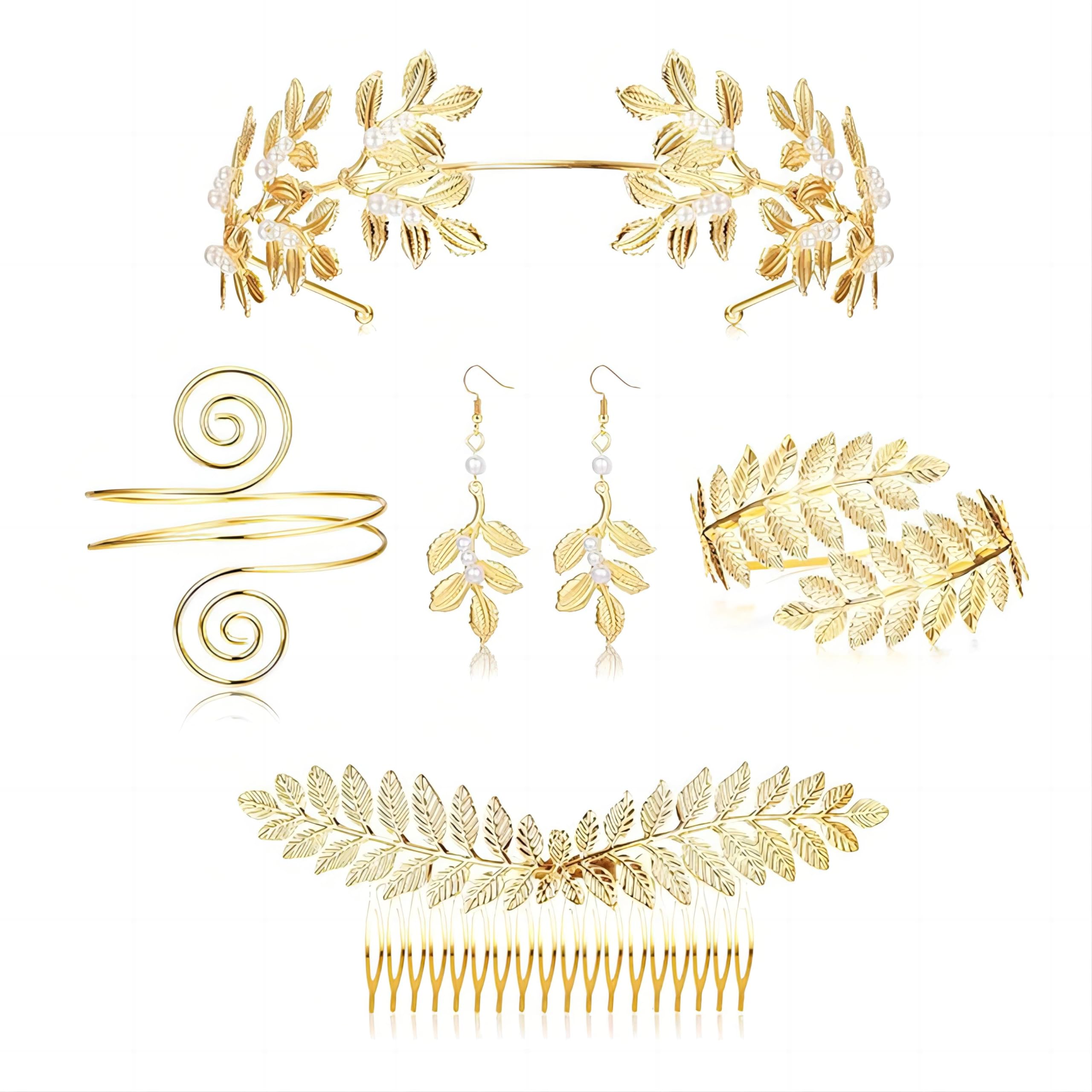 Mtbricey 5 Piezas Conjunto de Accesorios de Disfraz de Diosa Griega Juego de Joyas de Boda para Mujeres Diadema de Corona de Hoja de Laurel Dorado Pulsera Peine de Cabello Nupcial Accesorios de Vestir Romano