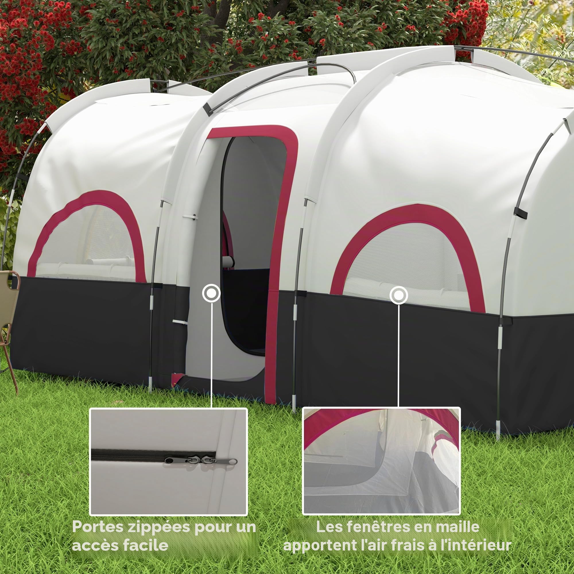 Outsunny Tente de camping familiale type tunnel pour 4-6 personnes imperméable 3000 mm Tente de camping pliable avec 2 chambres Sac pour randonnée 435 x 251 x 195 cm