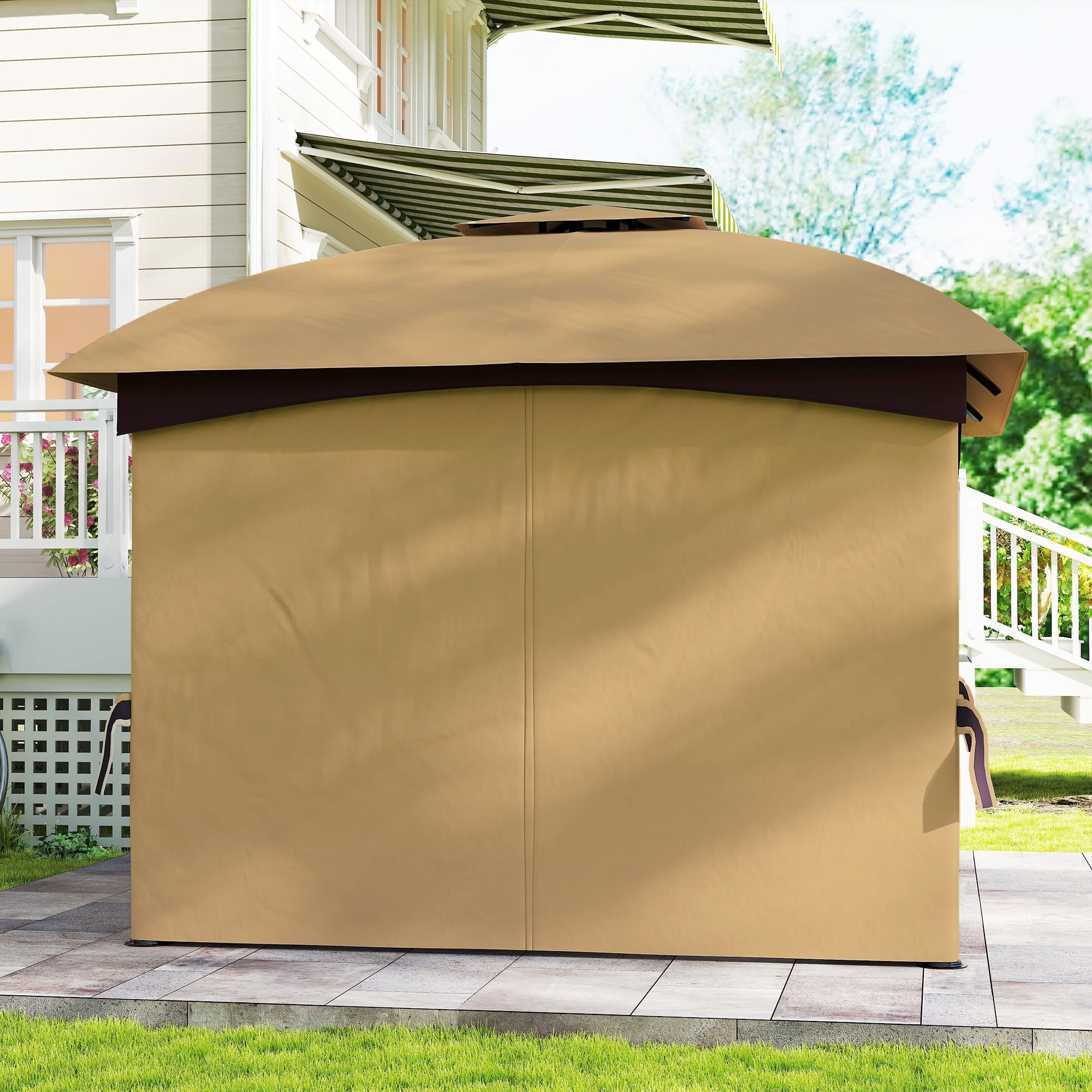 Outsunny Gazebo da Giardino 3.4x3.4 m con Pareti Laterali e Finestre, Gazebo da Esterno Resistente Protezione UV Tenda Tendone Padiglione per Feste con Tetto a 2 Livelli, Struttura in Metallo, Beige