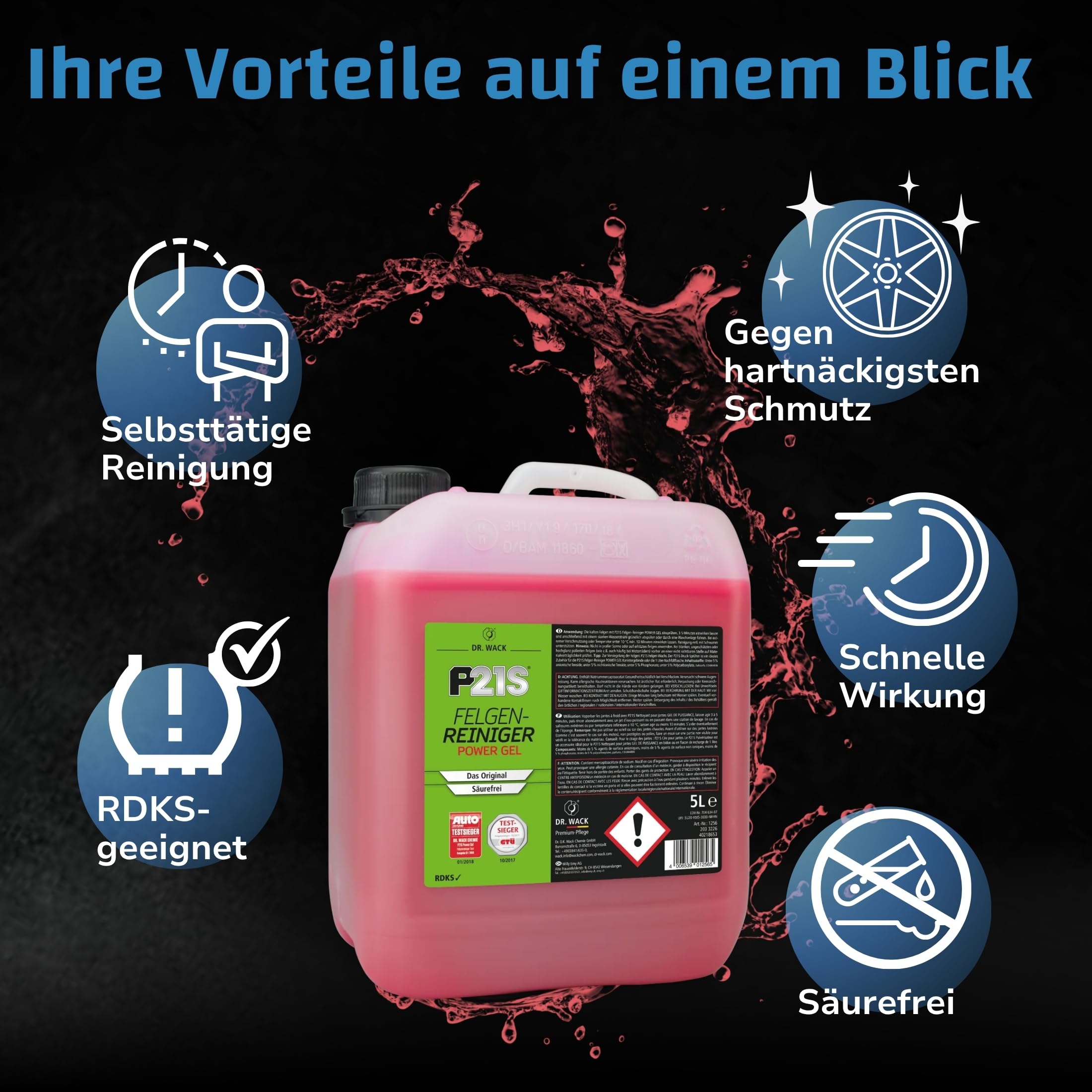 DR. WACK P21S Felgenreiniger Power Gel 5 Liter - Felgen-Spray mit Gel-Formel & Wirkindikator - Schnelle & schonende Reinigung - säurefrei & biologisch abbaubar - Hochwertige Autopflege