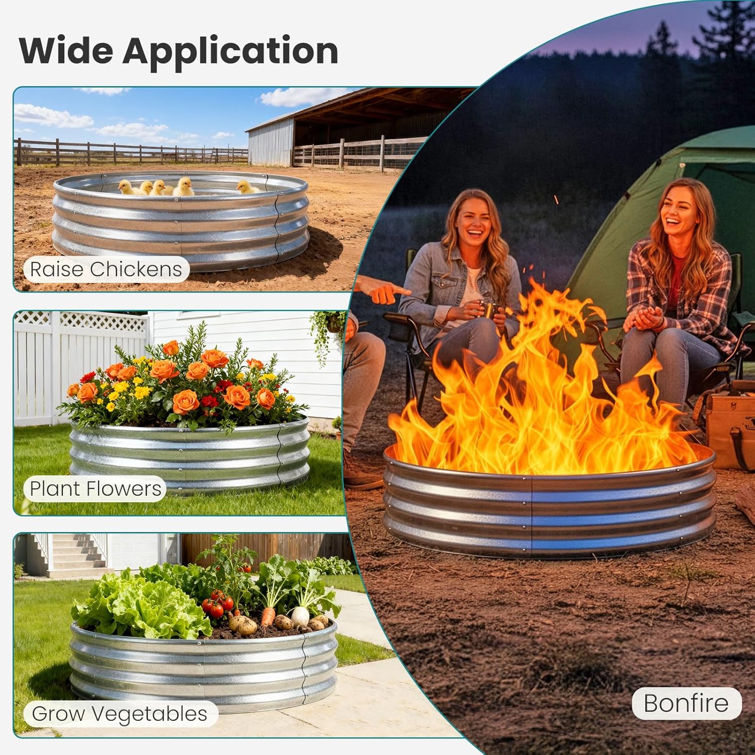 OLIXIS 4FT Round Fire Ring Pit, Outdoor Camp Firepit, Heavy Duty Galvanized Steel 48 Inch Foldable Outside Wood Burning Bonfire Fire Pit Ring for Camping, Backyard, Garden, Beach, Yard Gatherings