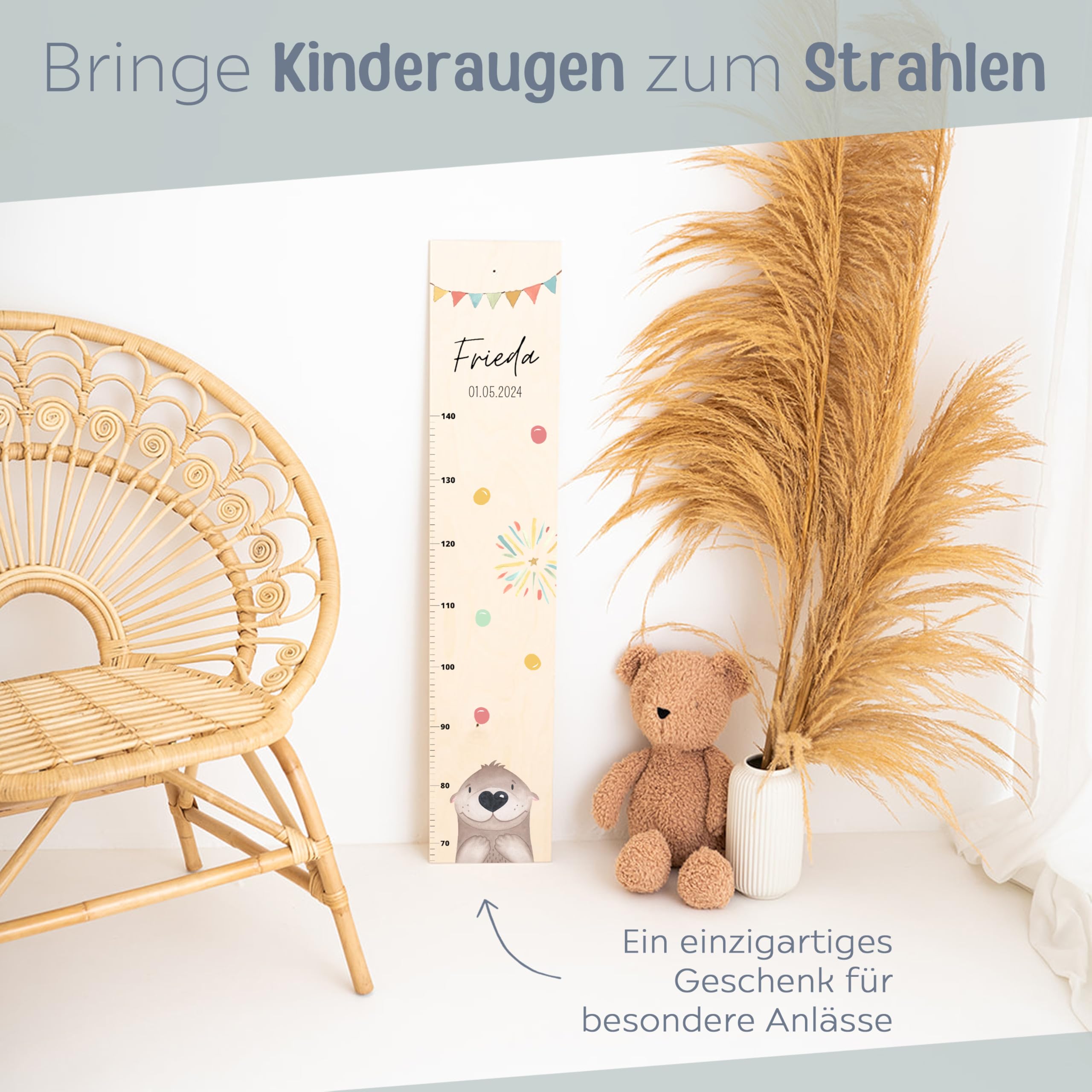 wunderwunsch® - Personalisierte Messlatte Kind Holz zum Kleben oder Aufhängen - Skala 70-140cm - Süße Dekoration für Baby- & Kleinkinderzimmer (Otter)