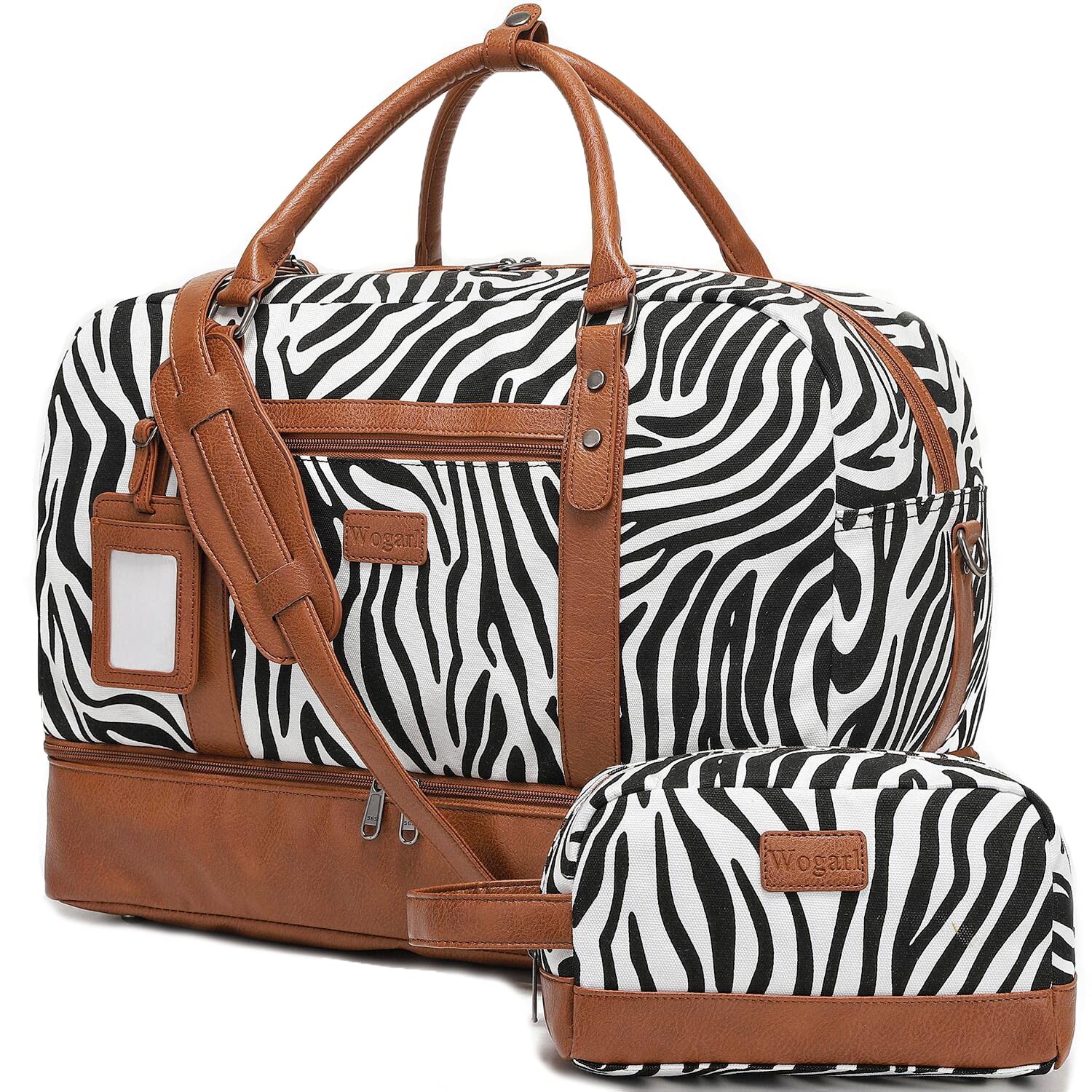 Wogarl Weekender Bags for Women Large Canvas Overnight Bag Travel Duffel Bags Carry on Shoulder Weekend Bag with Shoe Compartment for Travel Night Flight Daily Use, Black White Zebra, Fashion