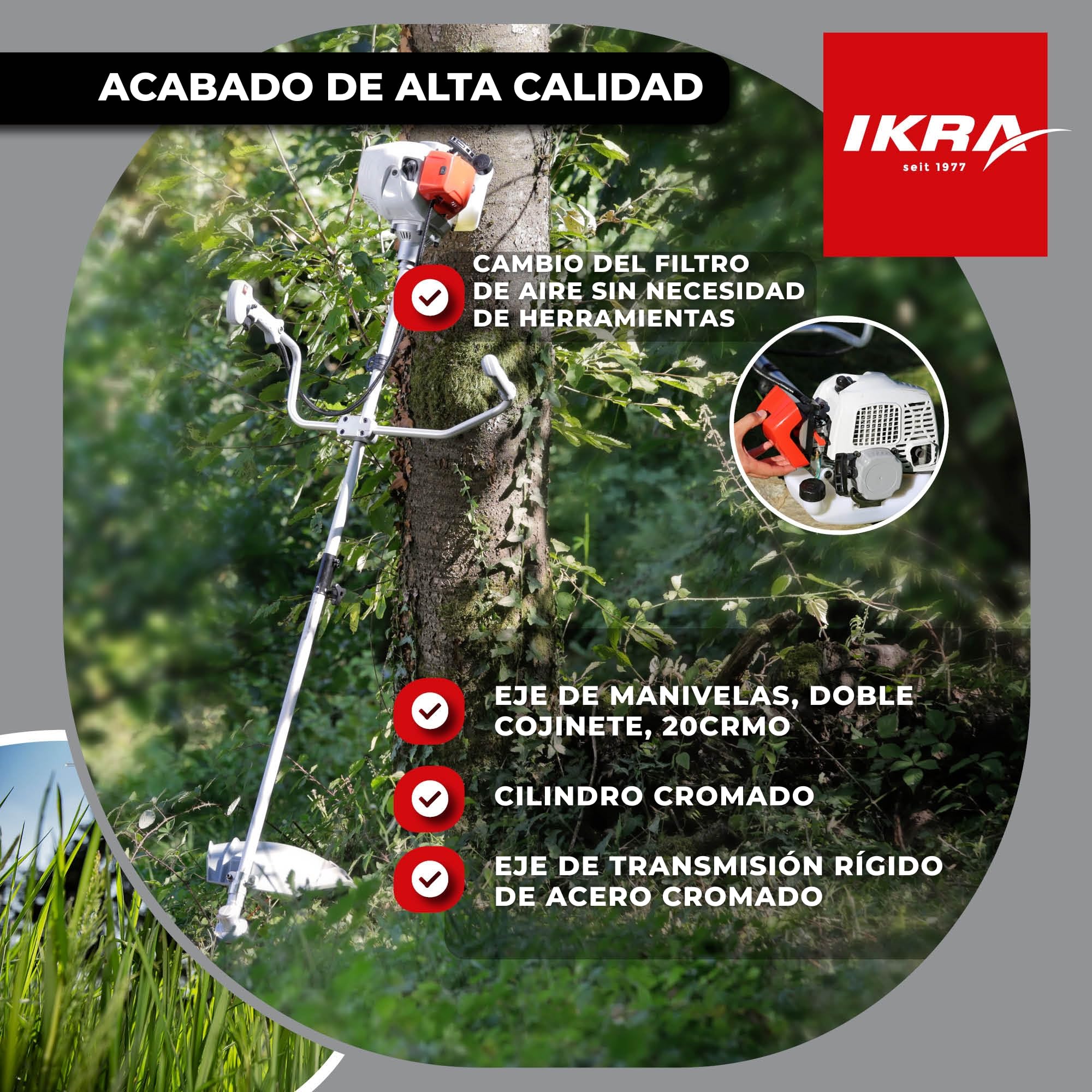 IKRA desbrozadora a Gasolina IBF 43, con Bobina de Hilo y Cuchilla | 42,7cm³ 1,1kW, motor de 2 tiempos, cambio de filtro de aire sin herramientas, empuñadura de aluminio ajustable tipo bicicleta