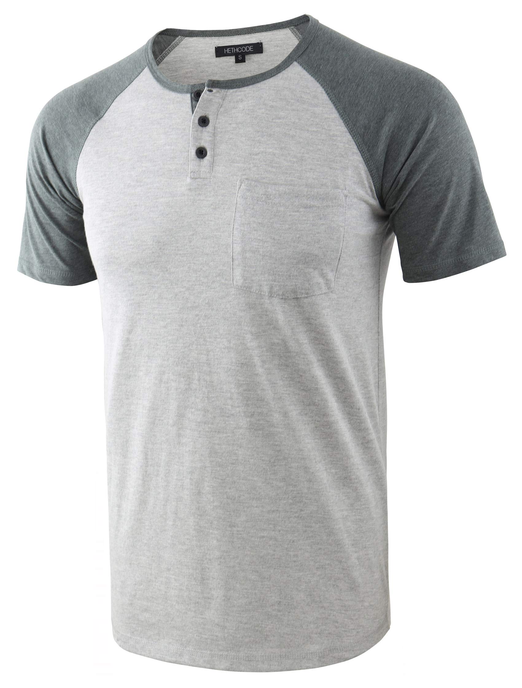 Men's Lightweight Baseball Jersey Tee - Vintage Raglan Sleeve Pocket Shirt, Cadet Blue/Navy, S-XXL