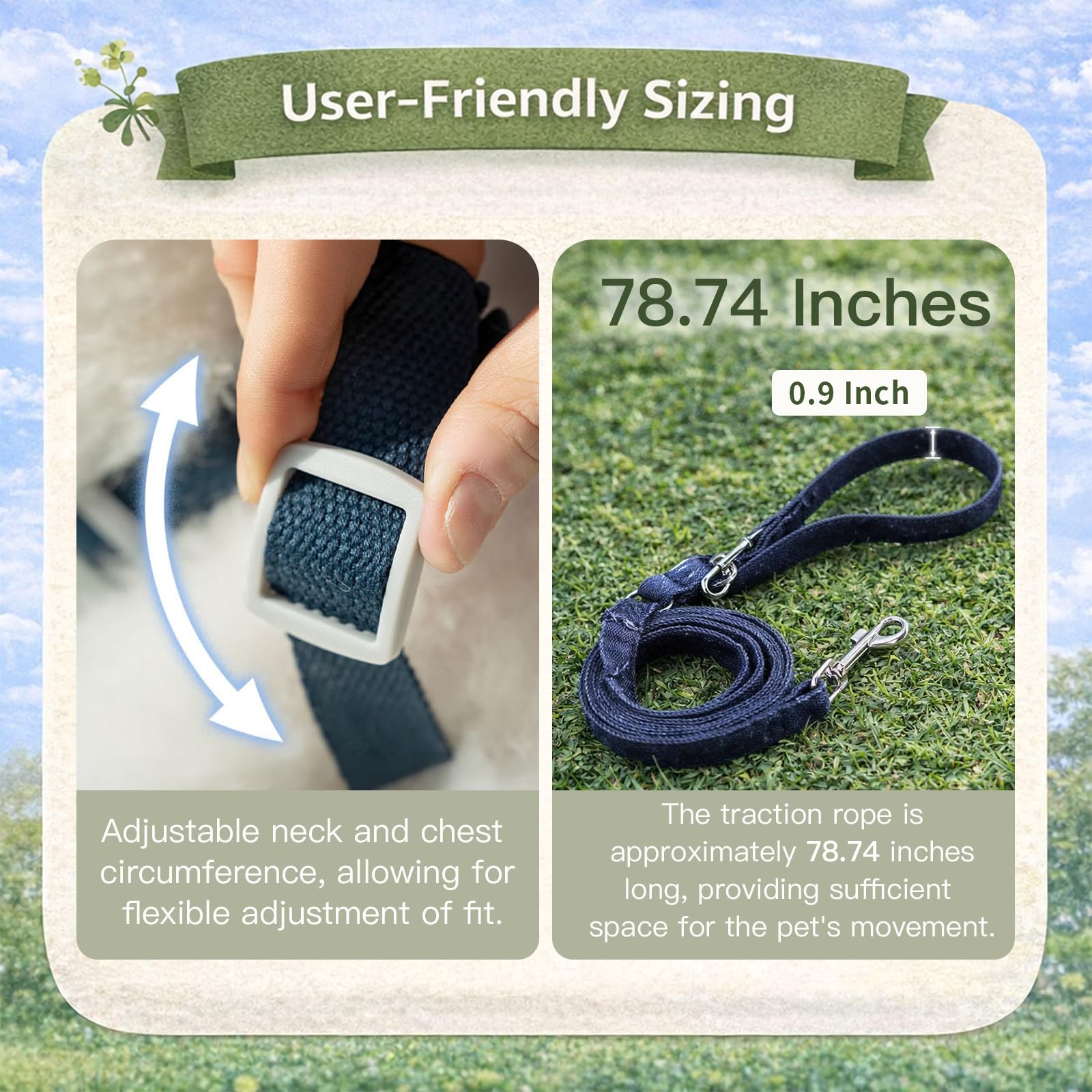 Persevere Hands Free Dog Leash and Harness Set, Adjustable No Pull Puppy Harness, Soft Breathable H-Type Vest for Small Medium Dogs Cats Walking Jogging Training (Denim Blue, S) - 4