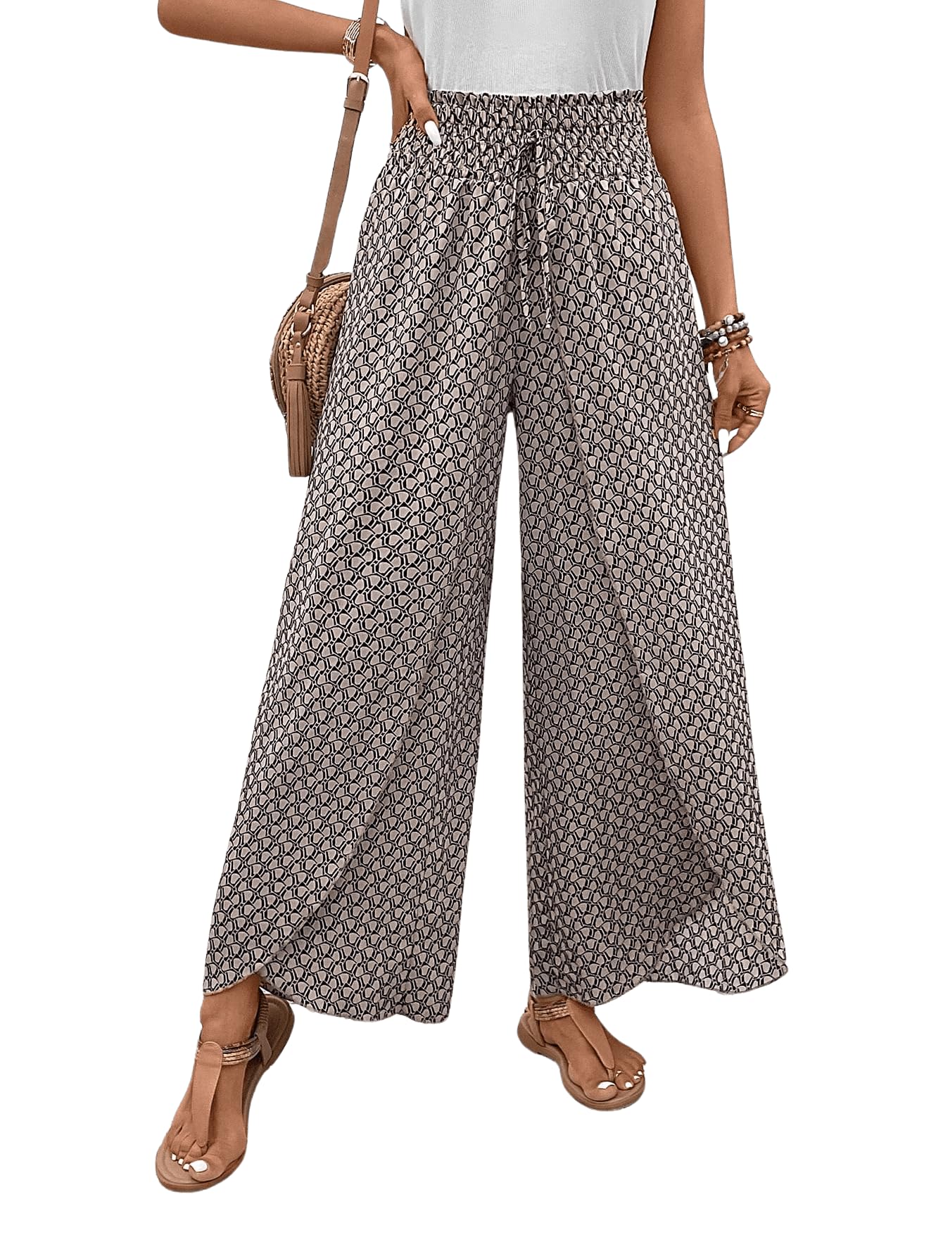 Verdusa Womens Wrap Slit Graphic Baggy Wrap Pants Vacation Casual Loose Long Trousers