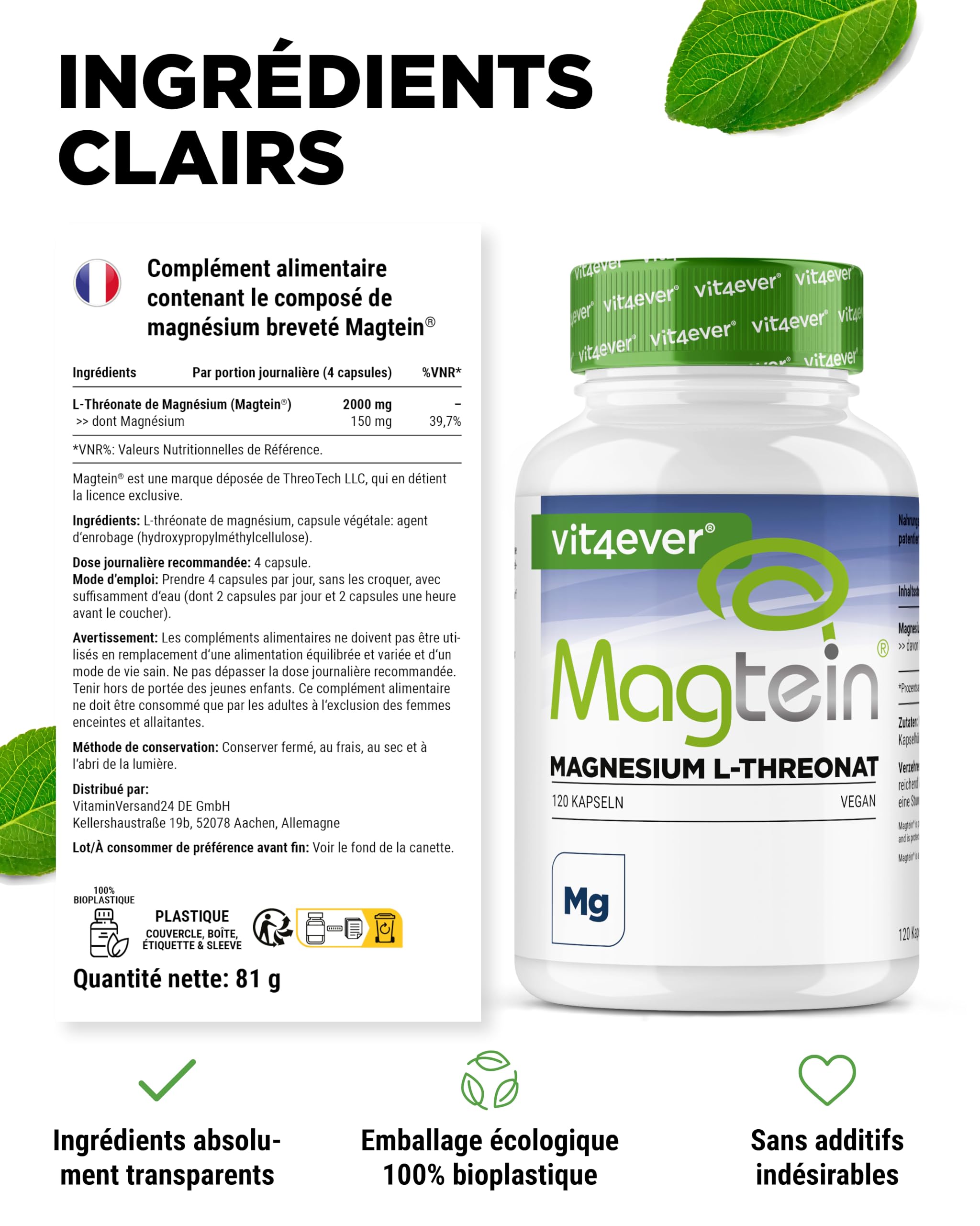vit4ever Magtein® Magnésium L-Tréonate - 120 Gélules - Haute dose