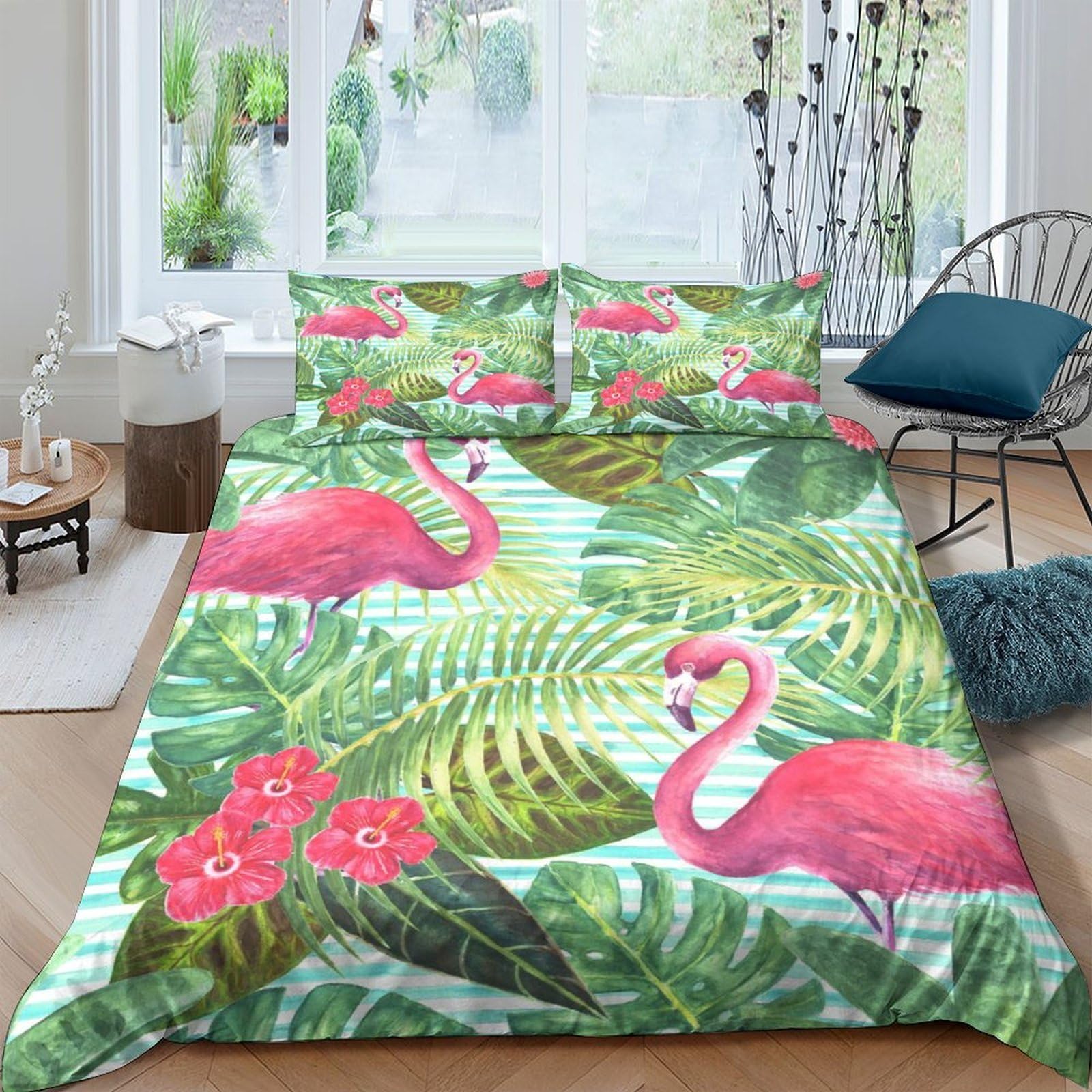 Ctjqhvkz Style-1 3D Printed Flamingo Tropical Leaves Fitted Sheet Microfiber Soft Pink Green Mattress Cover For Bedroom Guest Room Home Decor Single（135X200cm）