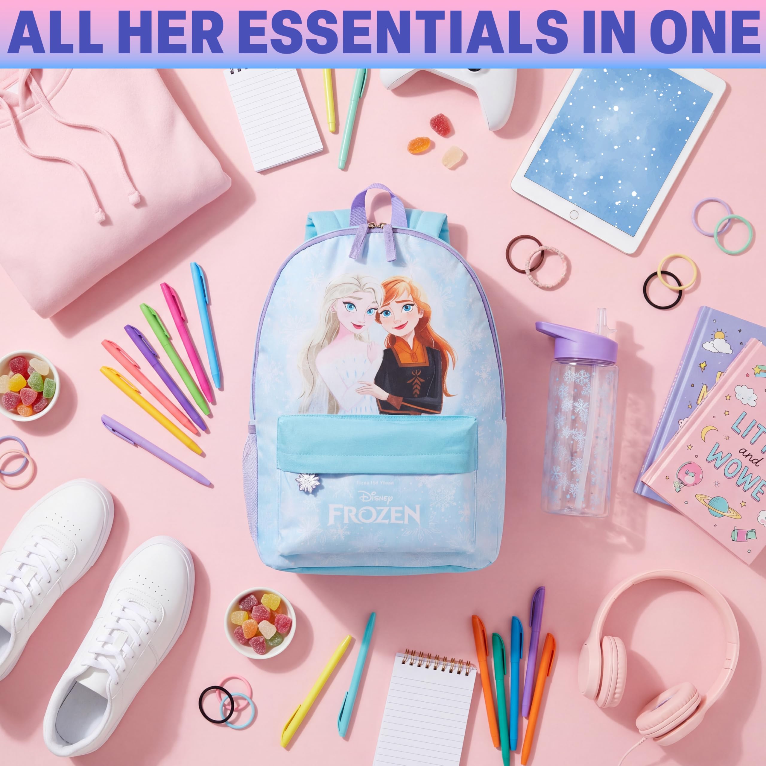 Get Trend Disney Reine des Neiges Sac a Dos Fille avec Gourde Enfant 500ml, Fermeture Eclair Cartable et Gourde sans BPA, Cadeau Fille (Multi Frozen)