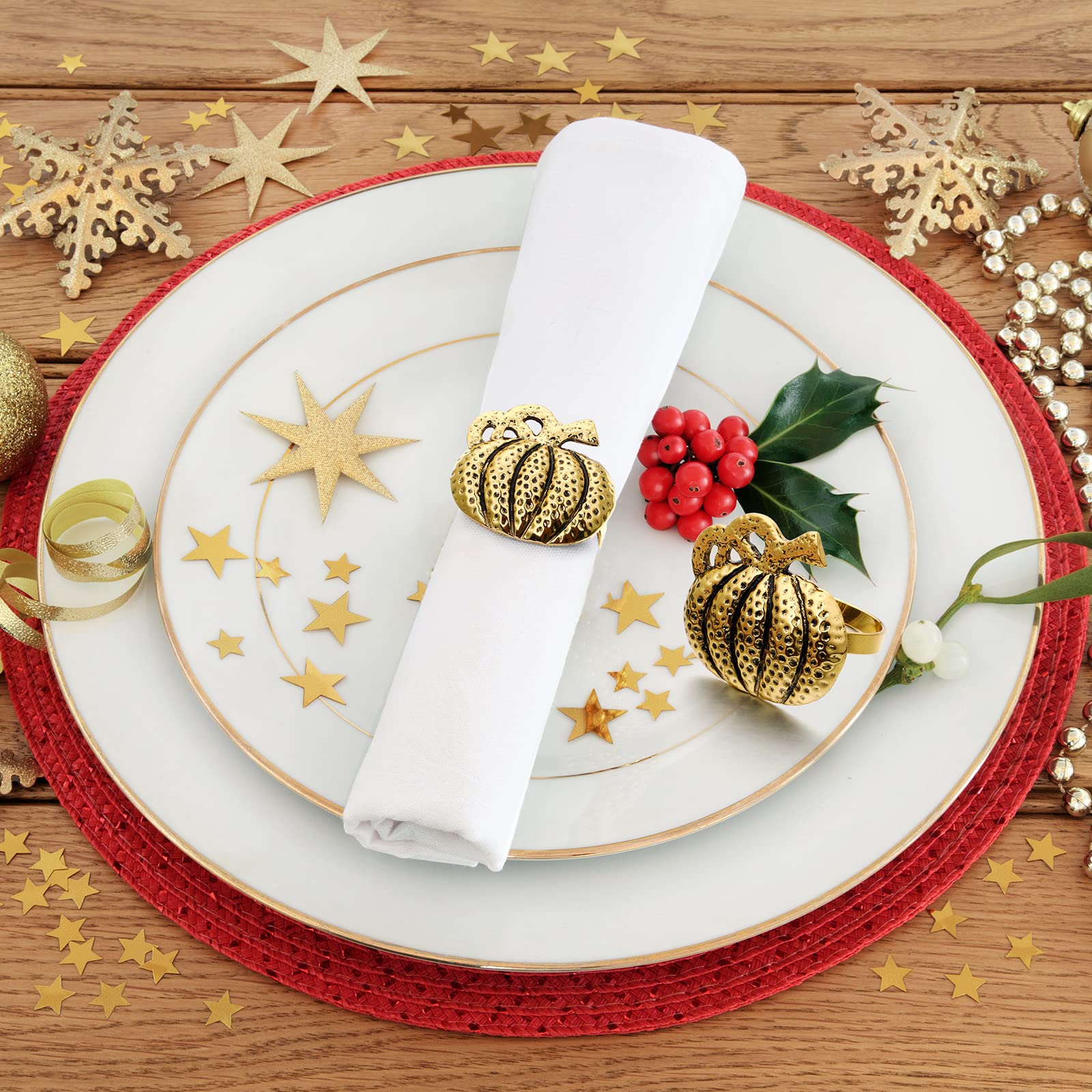 20 Stück Thanksgiving Fall Serviettenringe Rustikale Kürbis Serviettenhalter Metall Kürbis Esstische Ringe für Party Dekoration Tischdekoration Tischdekoration Familientreffen Antik Gold