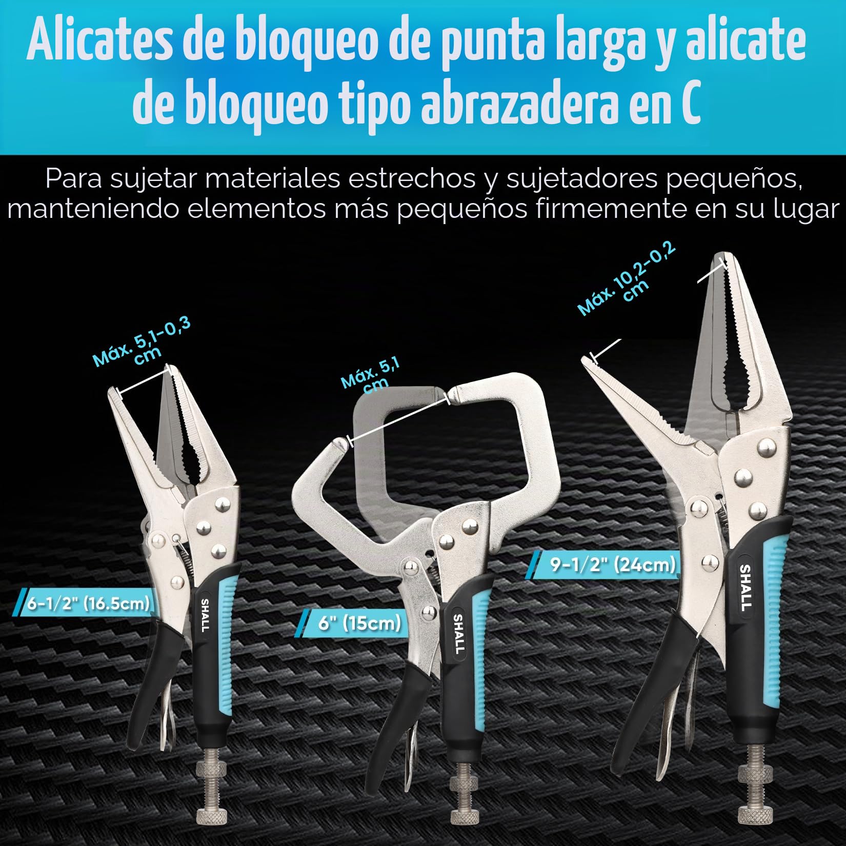 SHALL Alicates de bloqueo de 6 piezas, juego de alicates con mordazas curvas de 5", 7" y 10", alicates de punta larga de 6-1/2" y 9-1/2", abrazadera en C de bloqueo de 6"